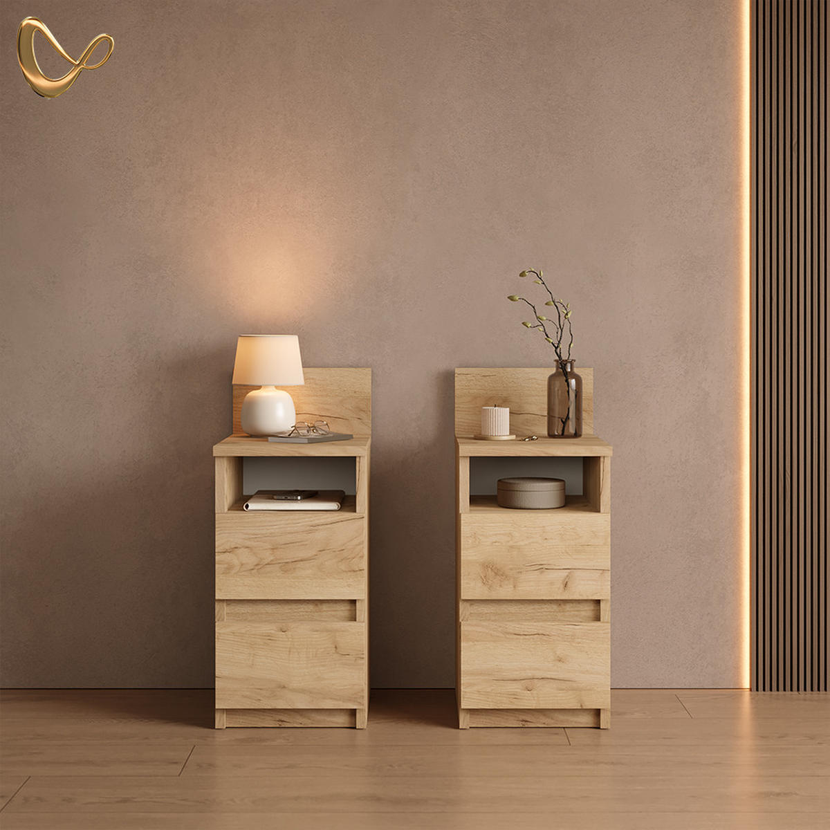 NACHTTISCH Roya, Goldkraft Eiche, 2er Set - Honigeiche, Holzwerkstoff (25/59.1/32.3cm) - Livinity®