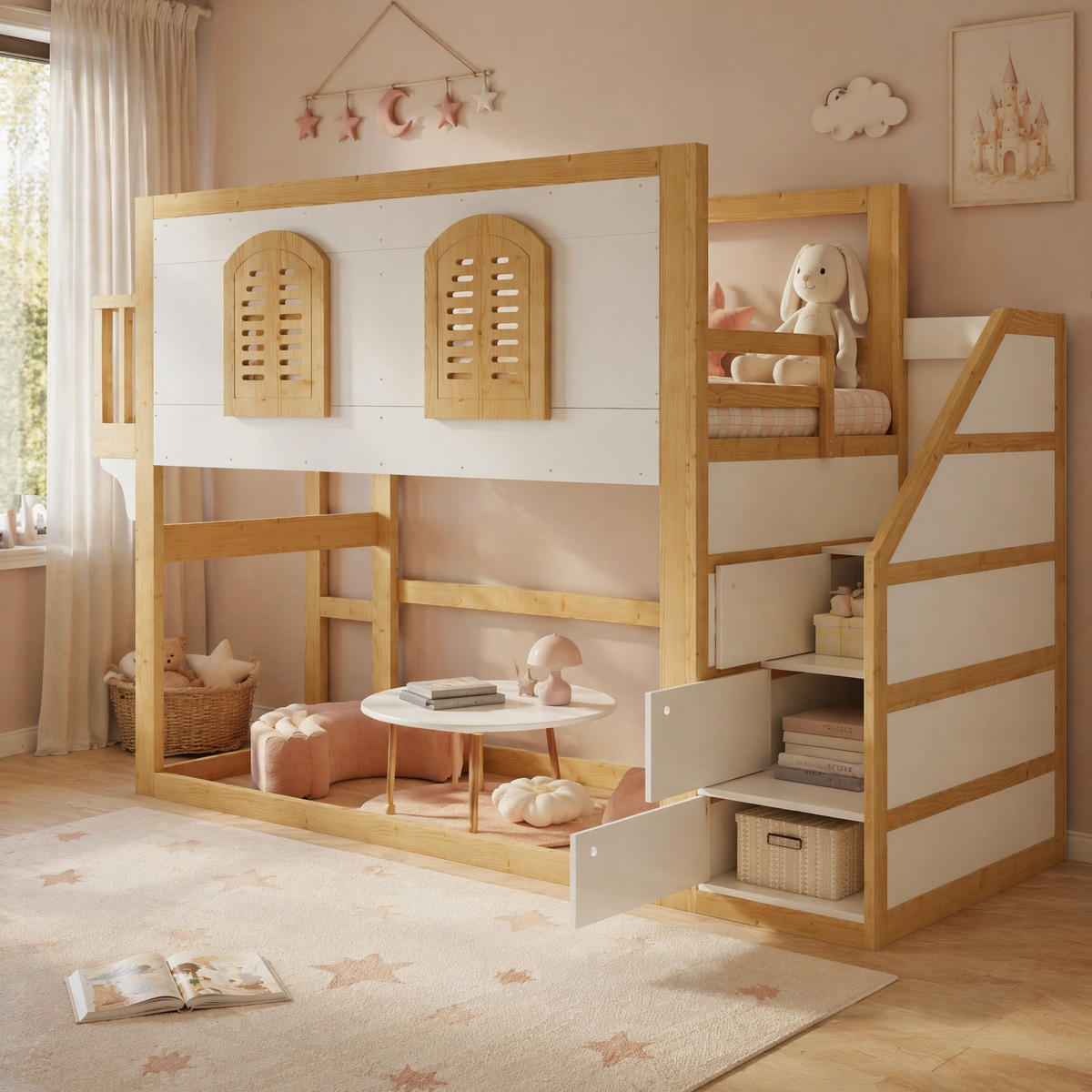 ETAGENBETT 90/200 mit Treppenschrank, Spielfläche und Lattenrost in Weiß und Natur - Weiß/Naturfarben, Holzwerkstoff (90/200cm) - EVRYAE