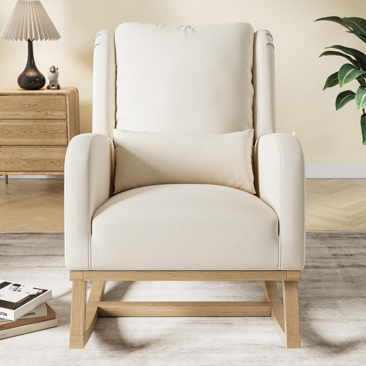 SCHAUKELSTUHL BEIGE LEINEN KISSEN SEITENTASCHEN STABILITÄT - Beige, Holzwerkstoff (93/96/52cm) - SHOPENTRA