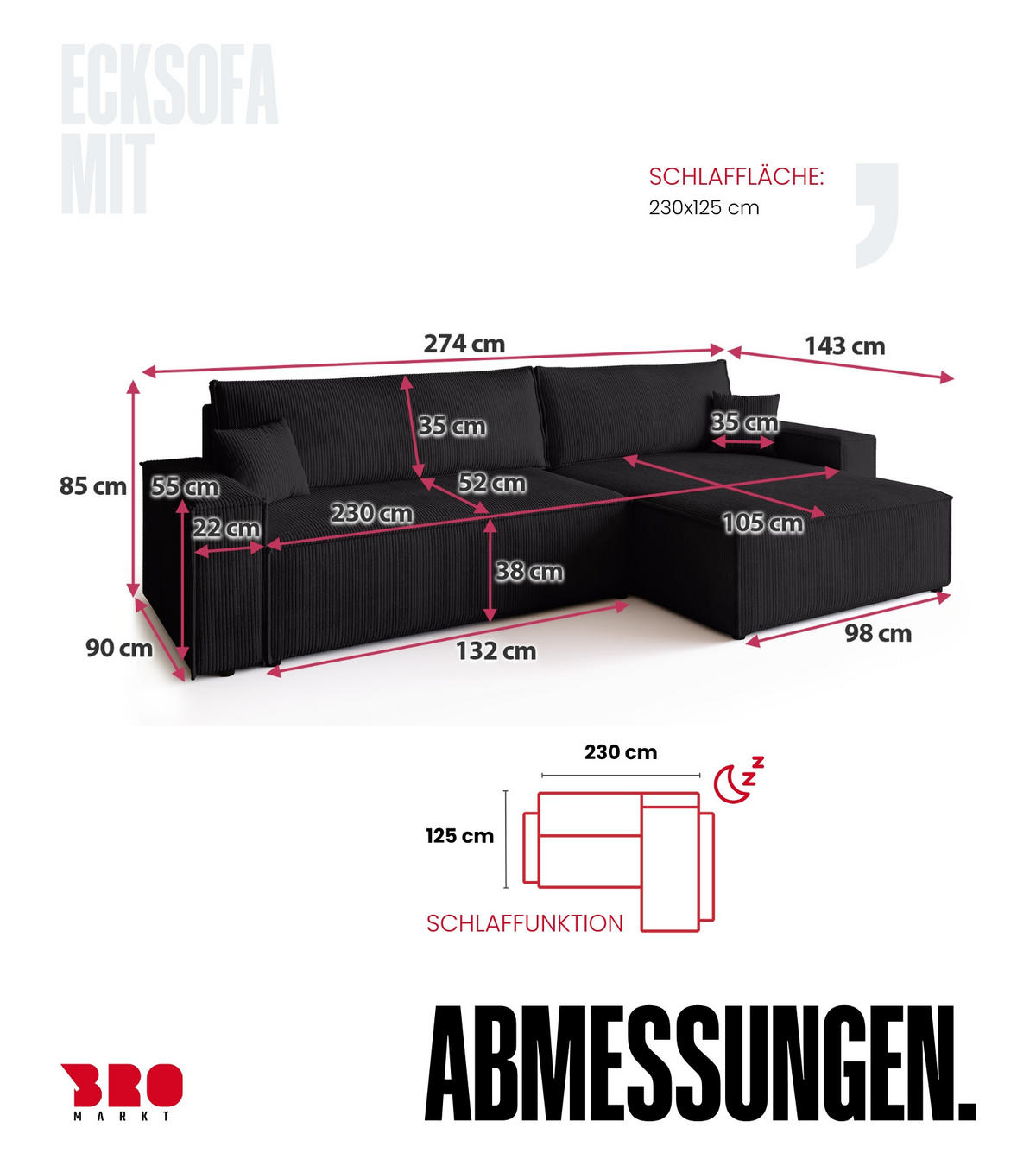 ECKSOFA ADI XL mit Schlaffunktion Schwarz Cord - Schwarz, Textil (272/143cm) - Bromarkt