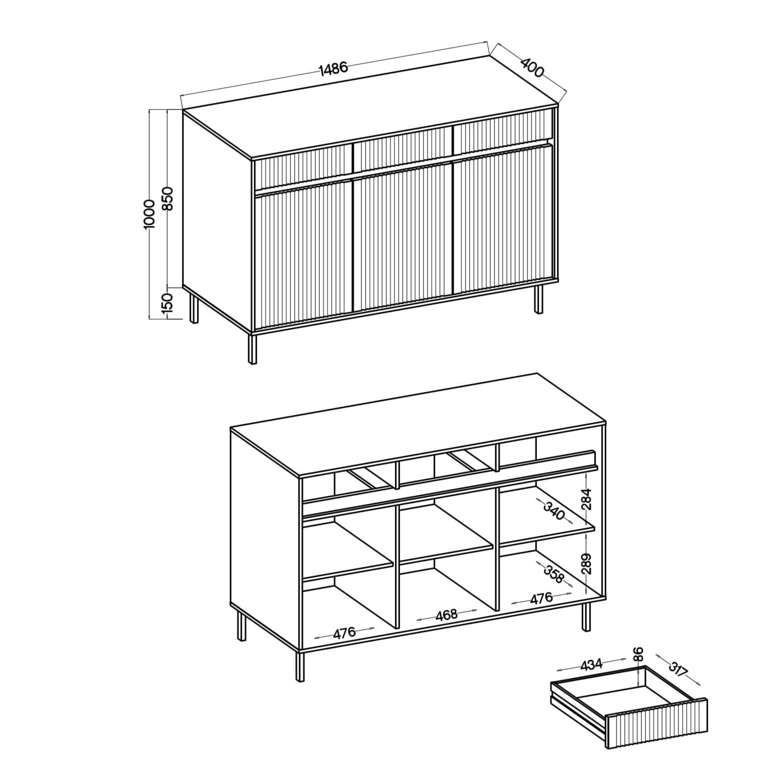 Thumbnail - Masseno Sideboard, Gold, Holzwerkstoff, 3 Schubladen, 149x100x40 cm, Wohnzimmer, Kommoden & Sideboards, Kommoden