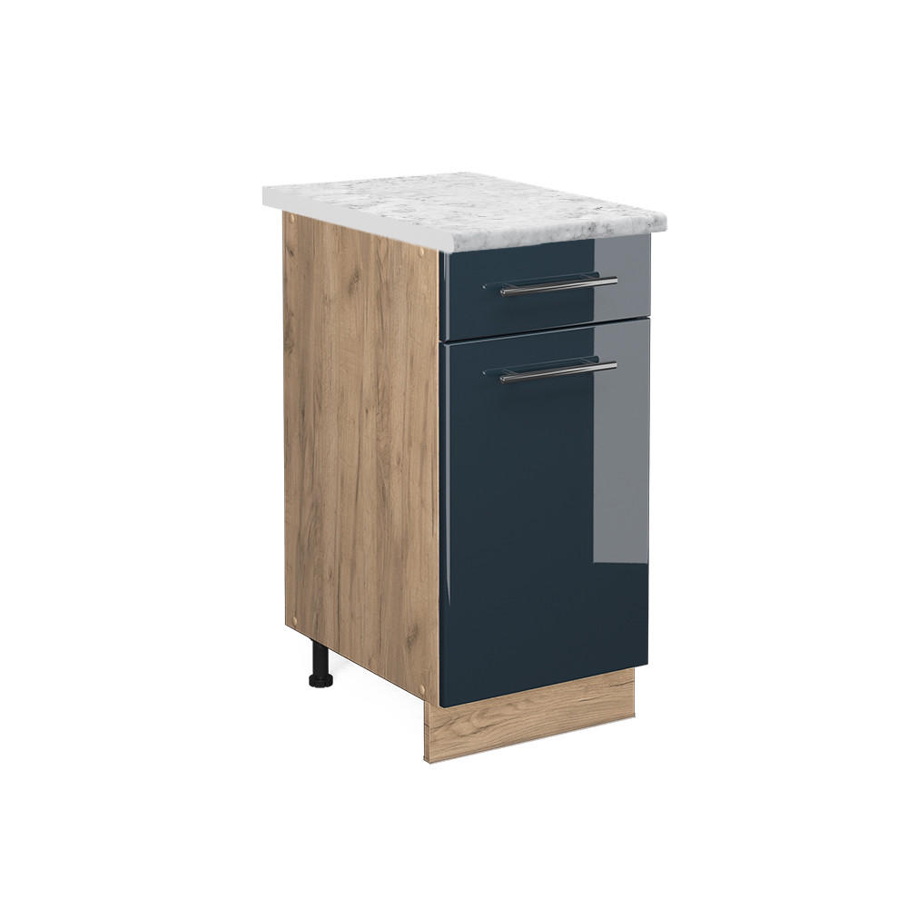 KÜCHENUNTERSCHRANK Fame-Line Dunkelblau Hochglanz 40 cm, AP Marmor - Eiche Wotan/Dunkelblau, Holzwerkstoff (40/82/60cm) - Vicco
