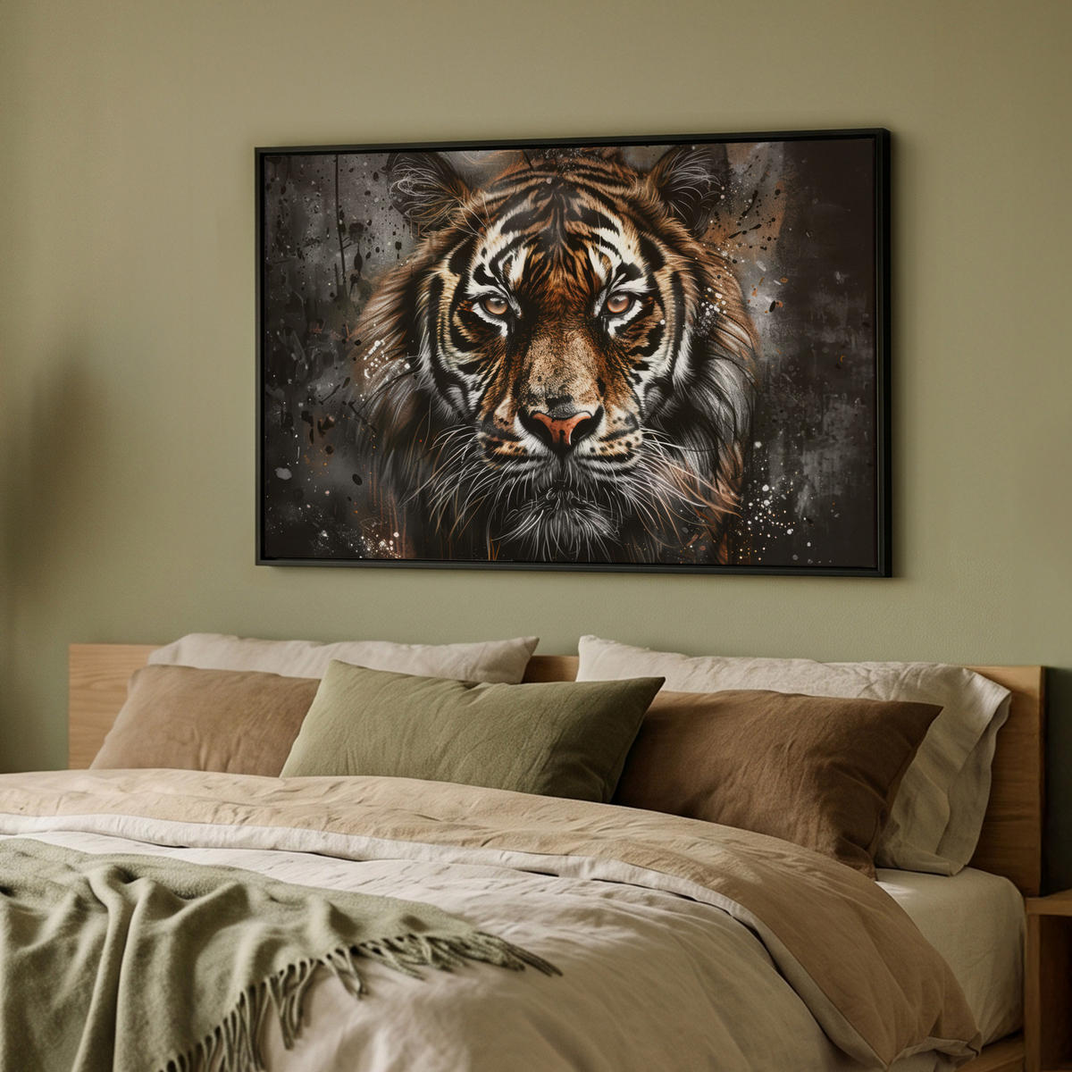 LEINWAND Bilder mit Rahmen - Tiger - Tiere - Porträt - Luxus - Schwarz - 90x60 - Braun, Textil (90/60cm) - MuchoWow
