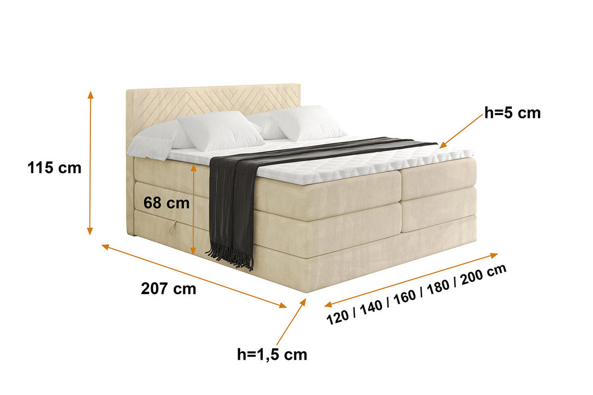 BOXSPRINGBETT mit Matratze H3|H4 und Lattenrost - VEXA KING-160x200 - Beige Monolith - Beige, Holzwerkstoff (160/200cm) - ALTDECOR