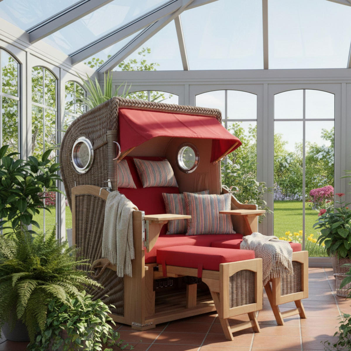 STRANDKORB Düne 2 Sitzer Teak PE Grey - Rot/Braun, Holz/Metall (125/170/80cm) - Mr. Deko