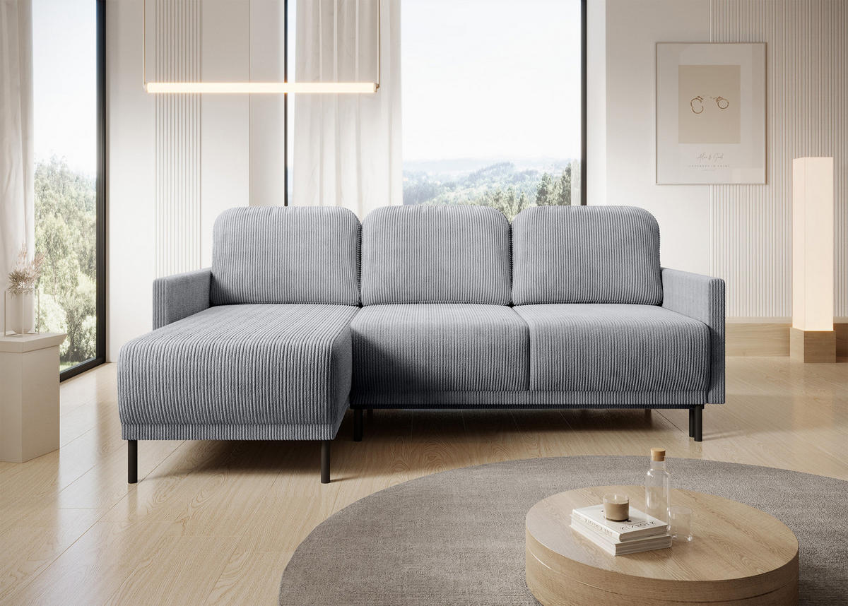 ECKSOFA Hamiel Hellgrau Cordbezug - Hellgrau/Schwarz, Holz/Textil (212/142cm) - Selsey