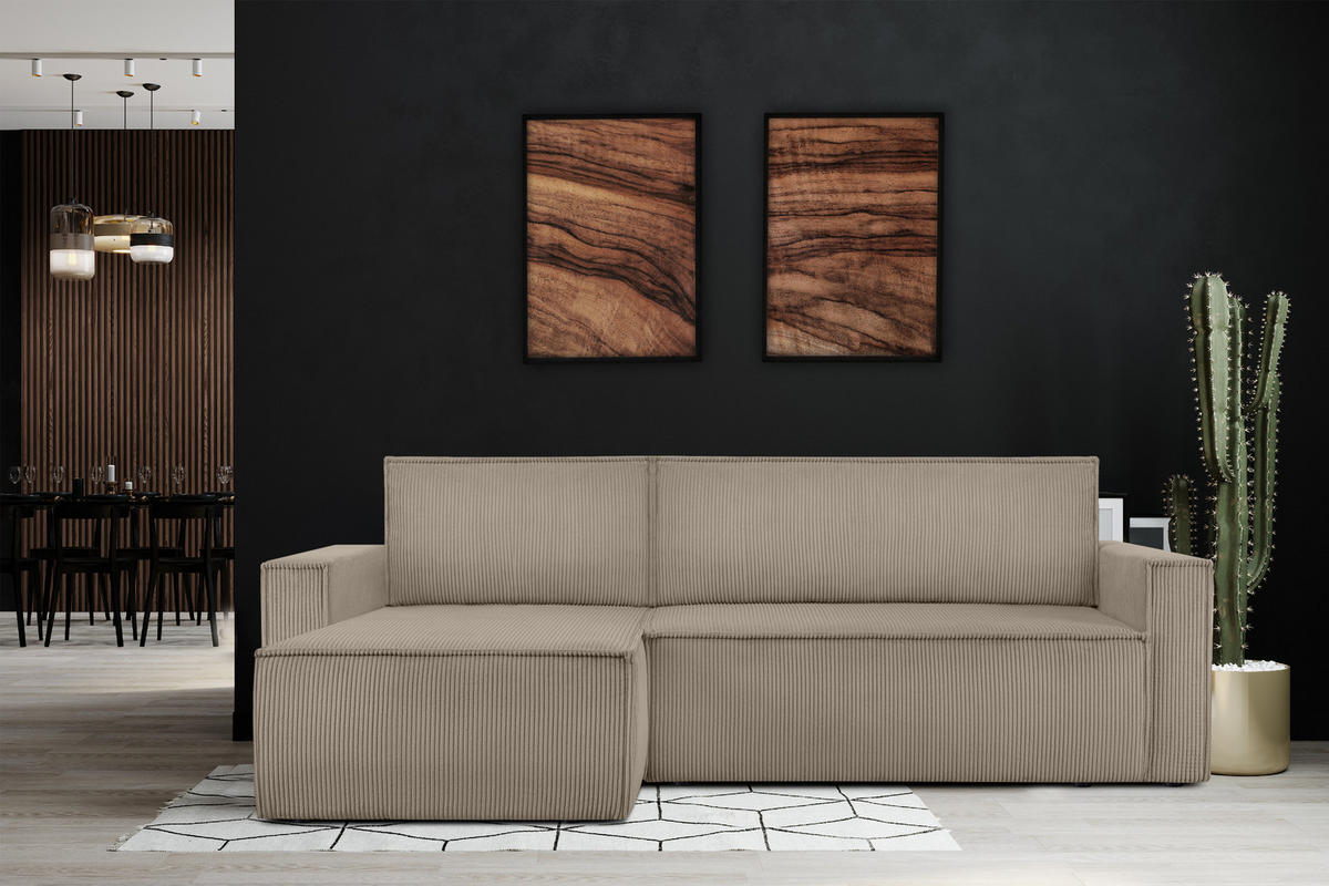 ECKSOFA-LINKS/RECHTS NAPI Schlaffunktion mit Cordbezug, Beige - Beige/Schwarz, Textil (246/148cm) - KONSIMO®