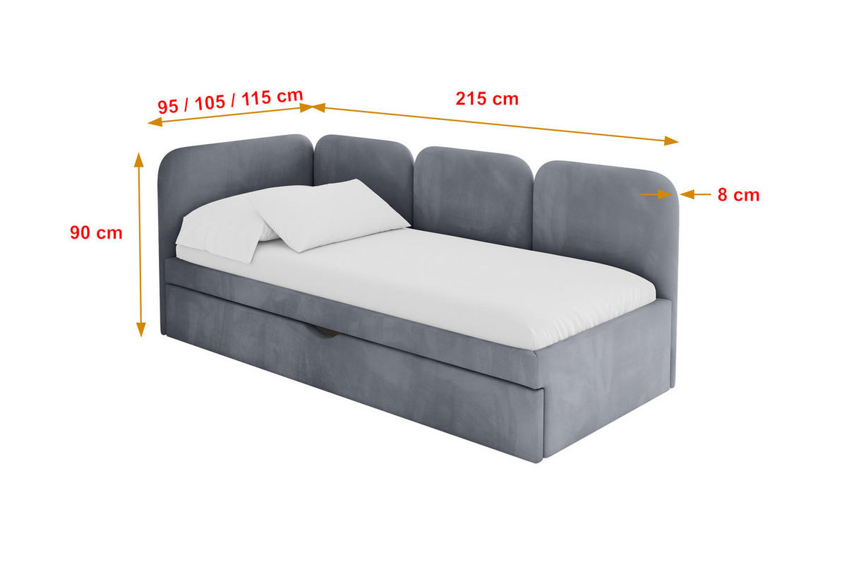 EINZELLBETT Jugendbett mit Bettkasten, Rechts - ALVY 80x200 Grau - Grau, Holzwerkstoff/Textil (80/200cm) - ALTDECOR