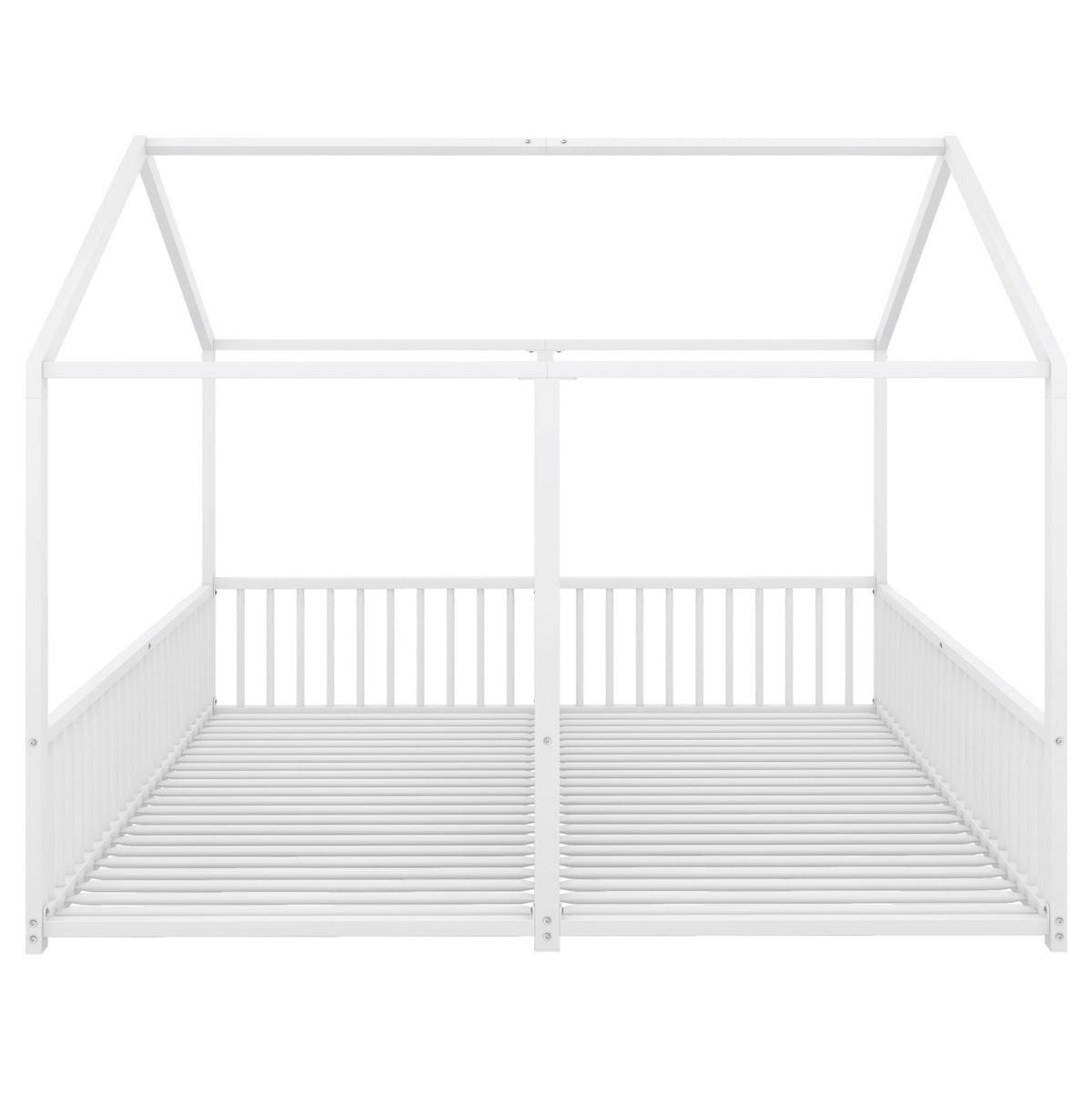 HAUSBETT aus Metall 90x200 cm Weiß mit Leiter, Geländer und Hausform - Weiß, Metall (90/200cm) - Modfu
