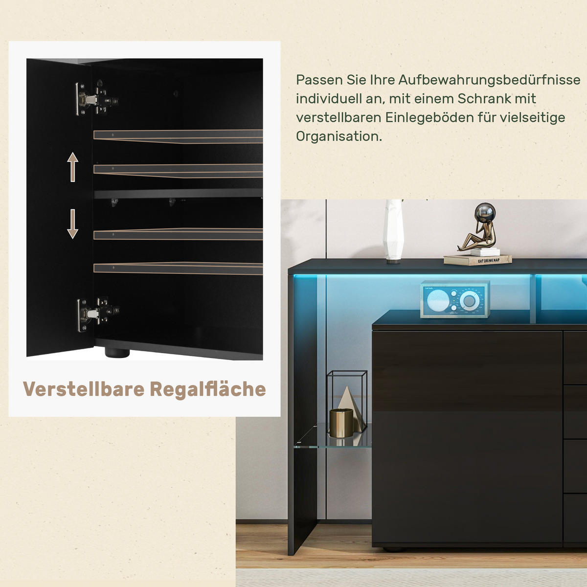 SIDEBOARD LED Schwarz Hochglanz Mehrzweckschrank Stauraum - Schwarz, Holzwerkstoff (35/70/160cm) - FLIEKS