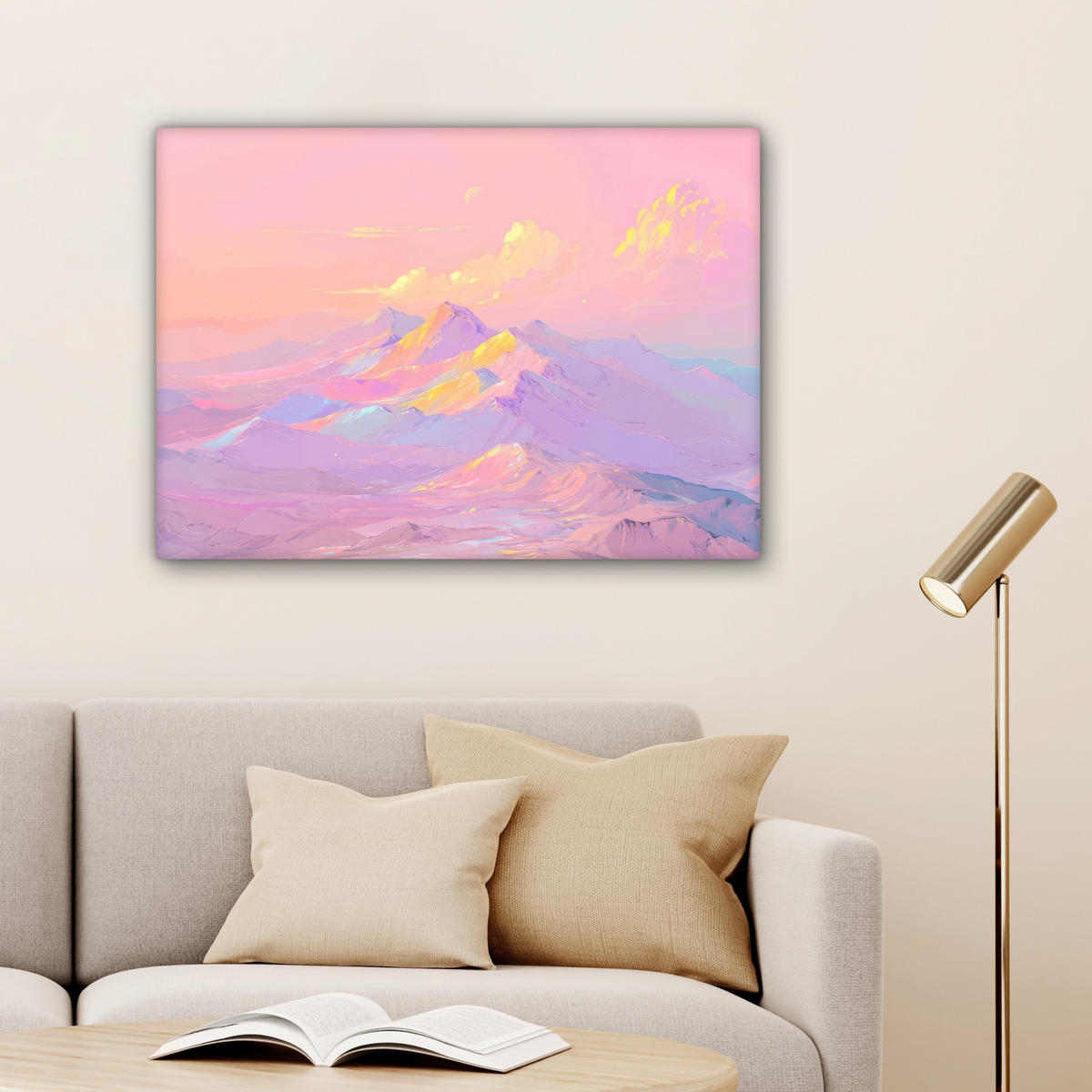 LEINWANDBILD Berggipfel - Wolken - Verträumt Wandbilder 80x60 cm - Hellrosa, Textil (80/60cm) - MuchoWow