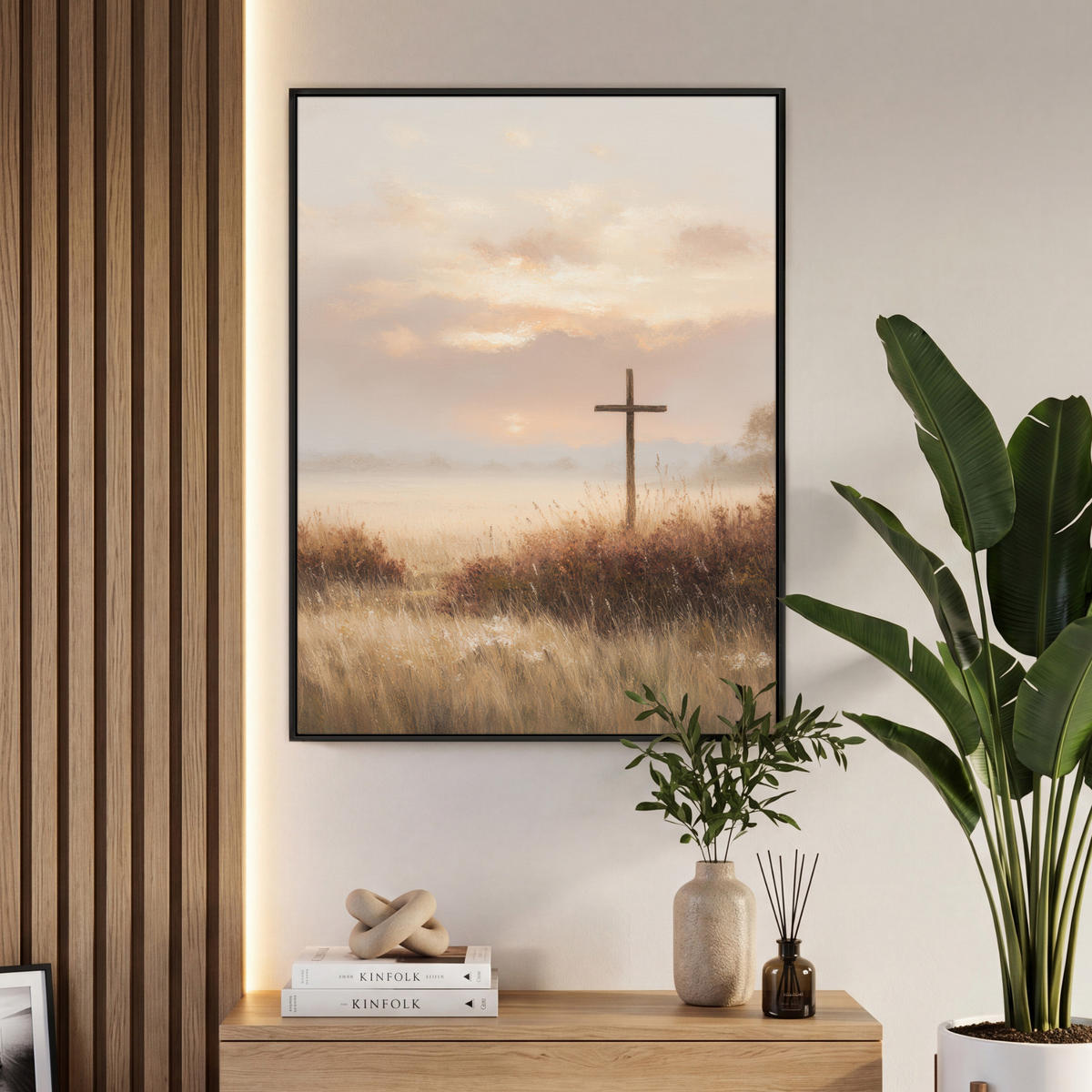 LEINWAND Bilder mit Rahmen - Gras - Morgennebel - Kreuz - Christentum - 70x100 - Beige, Textil (70/100cm) - MuchoWow