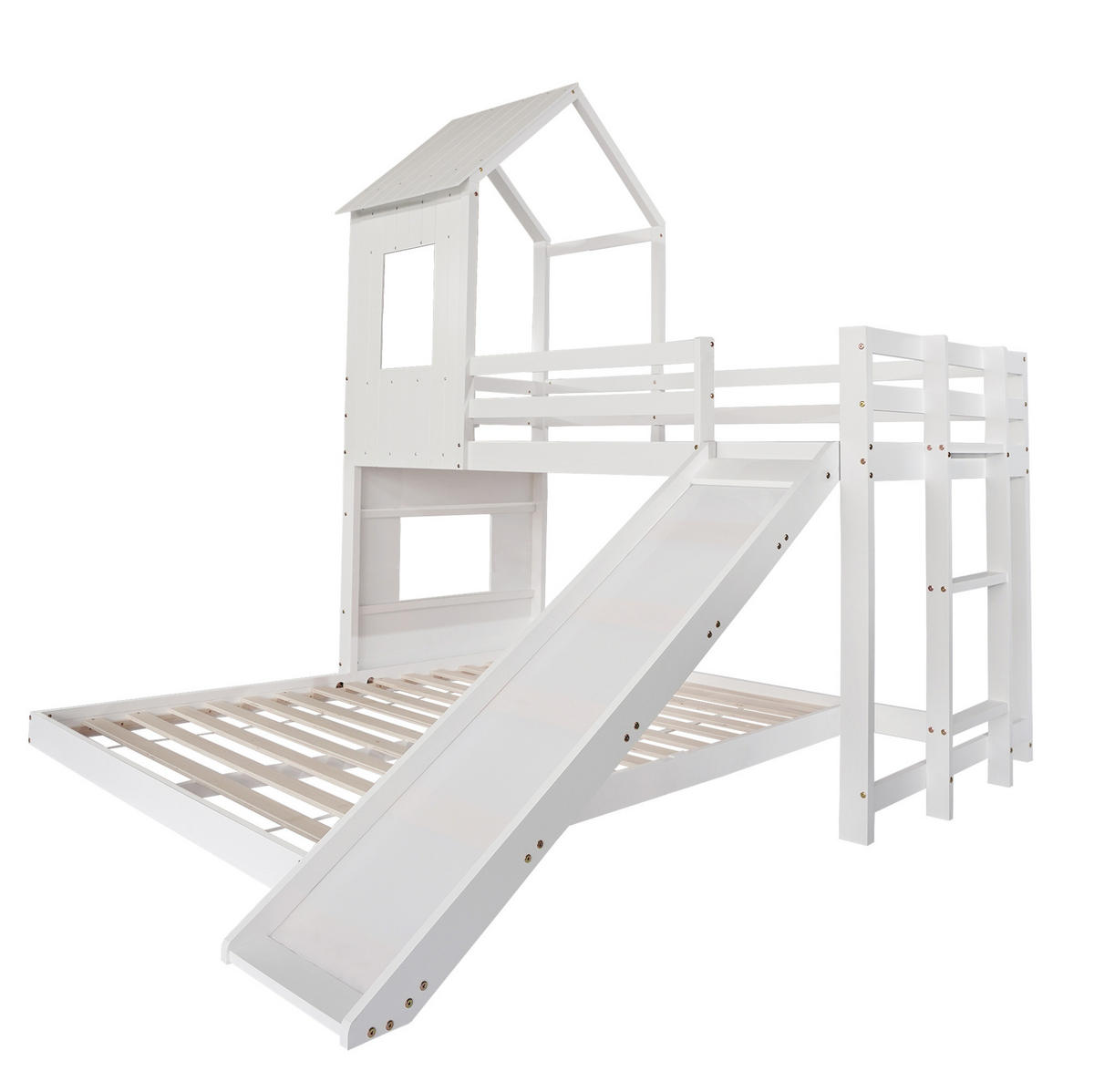 ETAGENBETT aus Kiefer und MDF 90x200/140x200 cm Weiß mit Rutsche, Leiter und Hausbett-Design - Weiß, Holzwerkstoff (90/200cm) - Modfu