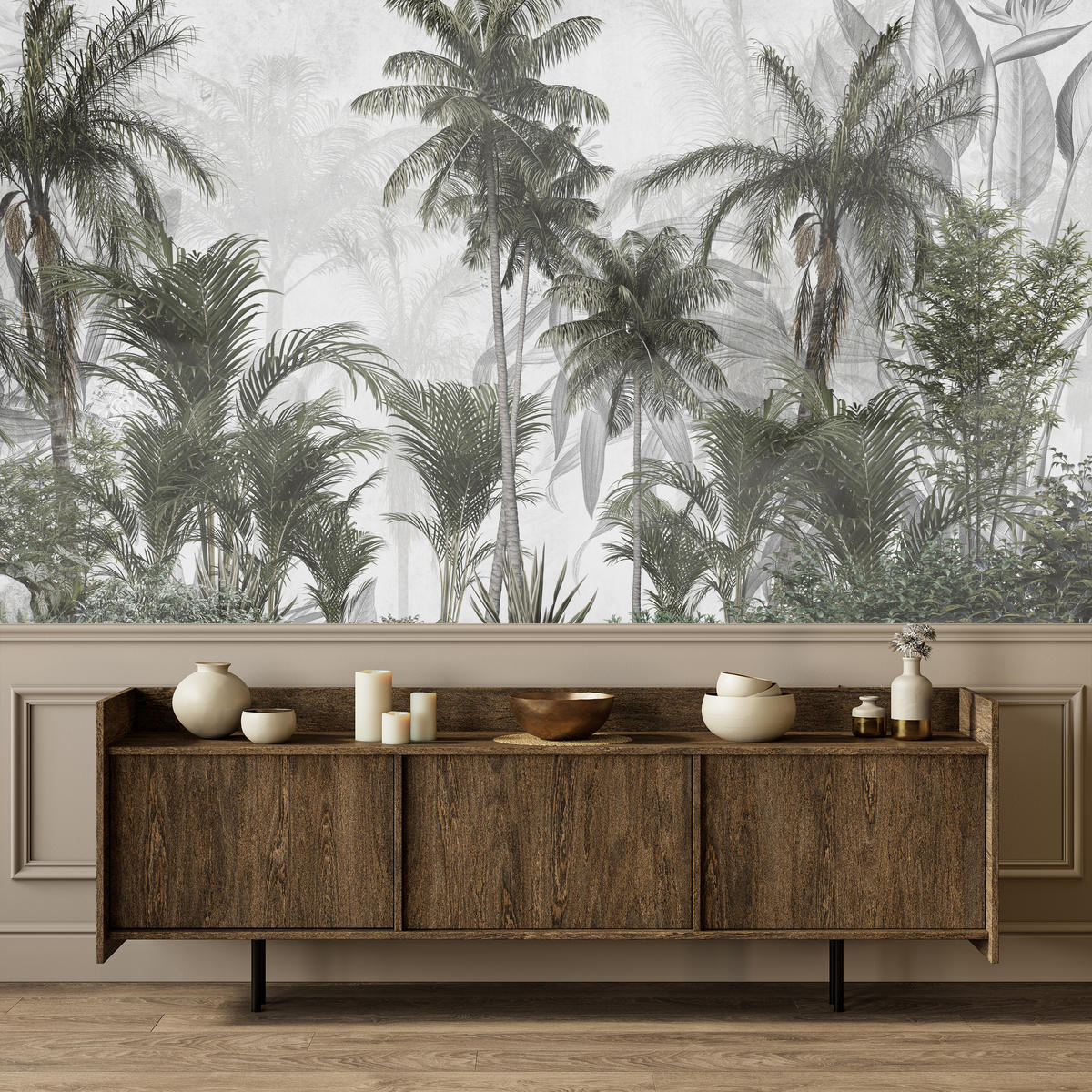 FOTOTAPETE für Wohnzimmer Natur Hohe Palmen Bäume Tropisch 500x350 - Grau/Grün, Papier (500/350cm) - Muralo
