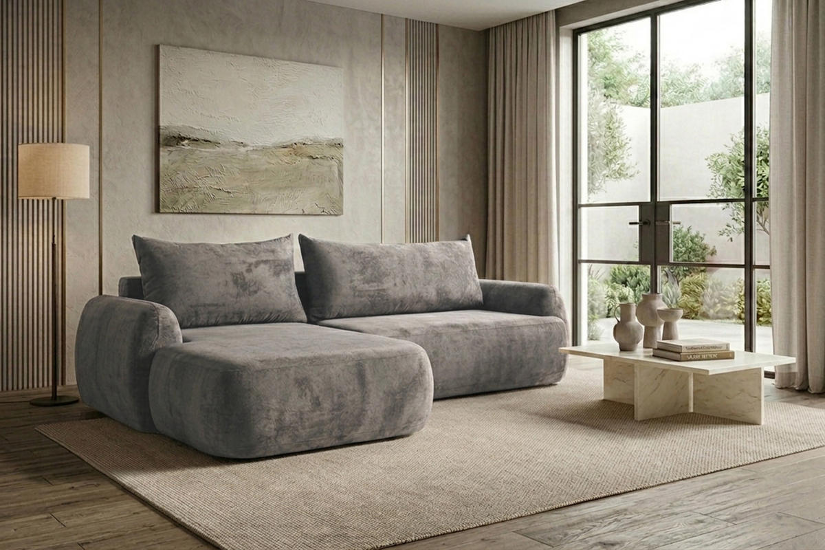 ECKSOFA Mit Schlaffunktion Und Bettkasten, Chenille-Stoff Perfecto, Grau, Links, HELA II - Grau, Holz (280/184cm) - Kaiser Möbel