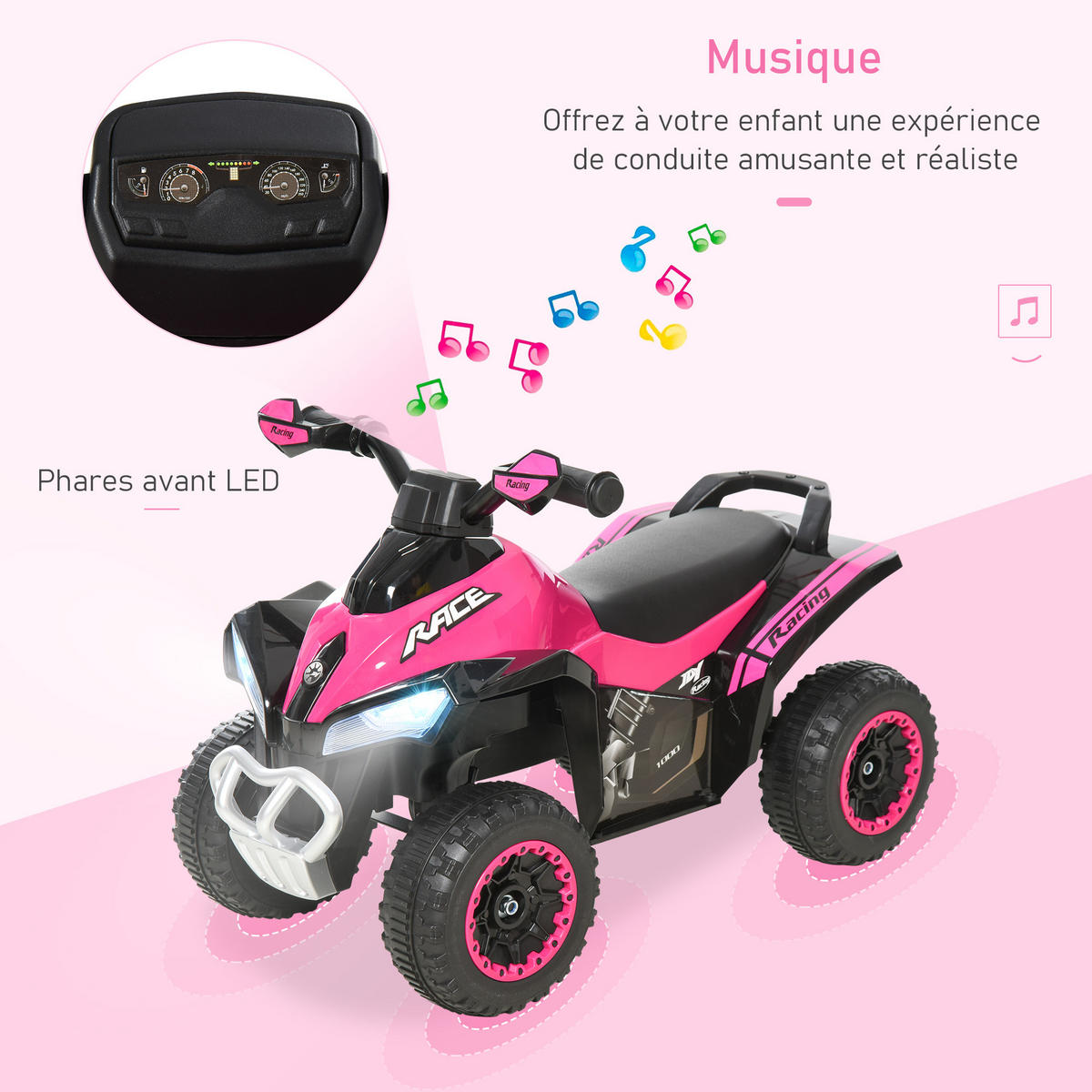 KINDERQUAD DE-16913 mit LED-Licht & Sound Pink/Schwarz - Pink, Kunststoff (67/38/44cm) - ComfortXL