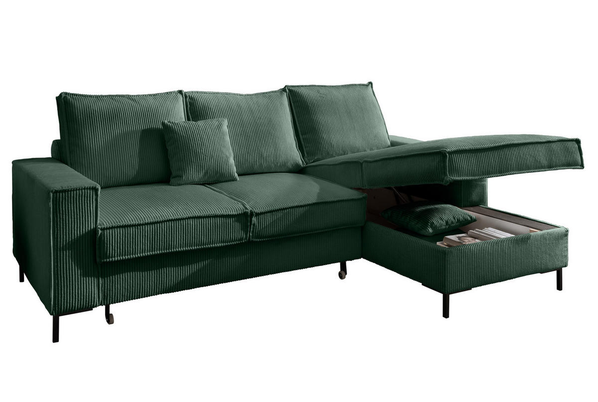 ECKSOFA mit Schlaffunktion, Bettkasten, Wellenunterfederung, Récamiere rechts B240/T150/H92 cm, Liegefl. 125x198 cm, Cord Grün / 17221 - Waldgrün/Schwarz, Textil/Metall (240/150cm) - luma-home