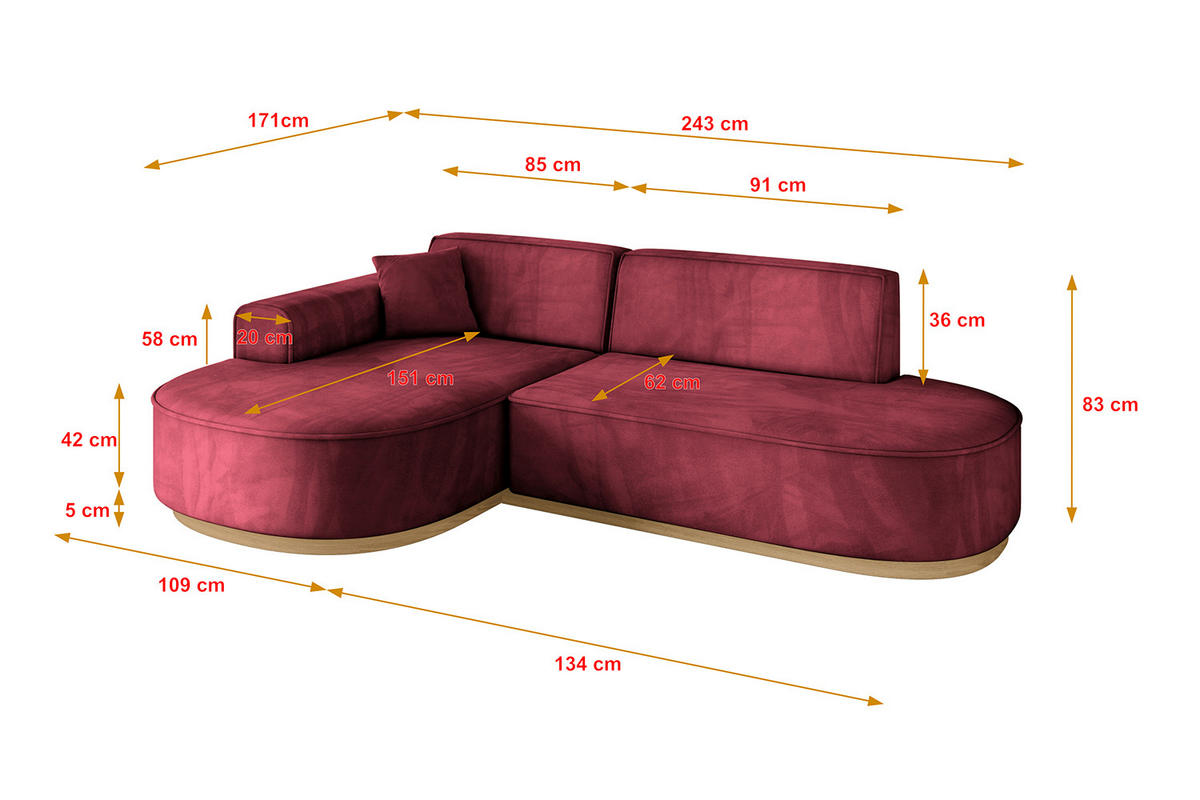 ECKSOFA Ottomane Links MARI-L1-v2 - 243x171x83 cm Bordeaux Velours - Bordeaux, Holzwerkstoff/Textil (243/171cm) - ALTDECOR