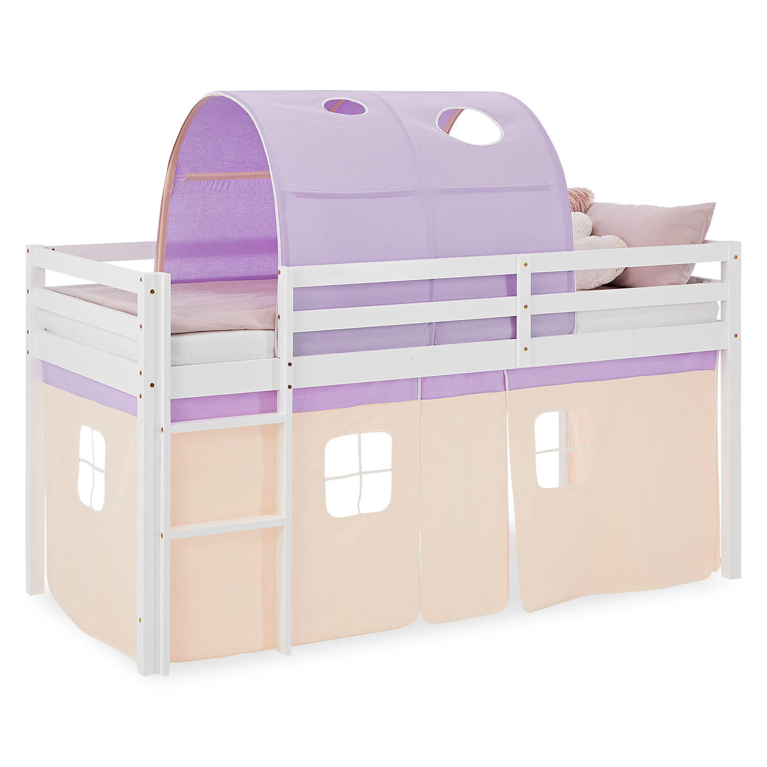 HOCHBETT 90/200 cm in weiß mit Bettvorhang + Tunnel in peach - Lila/Weiß, Holz - Homestyle4u