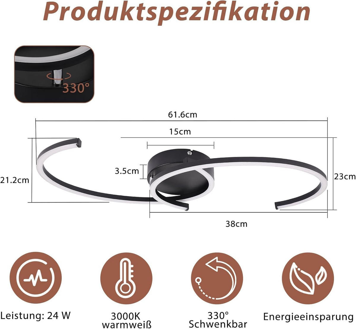 LED DECKENLEUCHTE Hornwall 61.6/7.0/23.0 cm - Schwarz, Metall (38/23/7cm) - ZMH