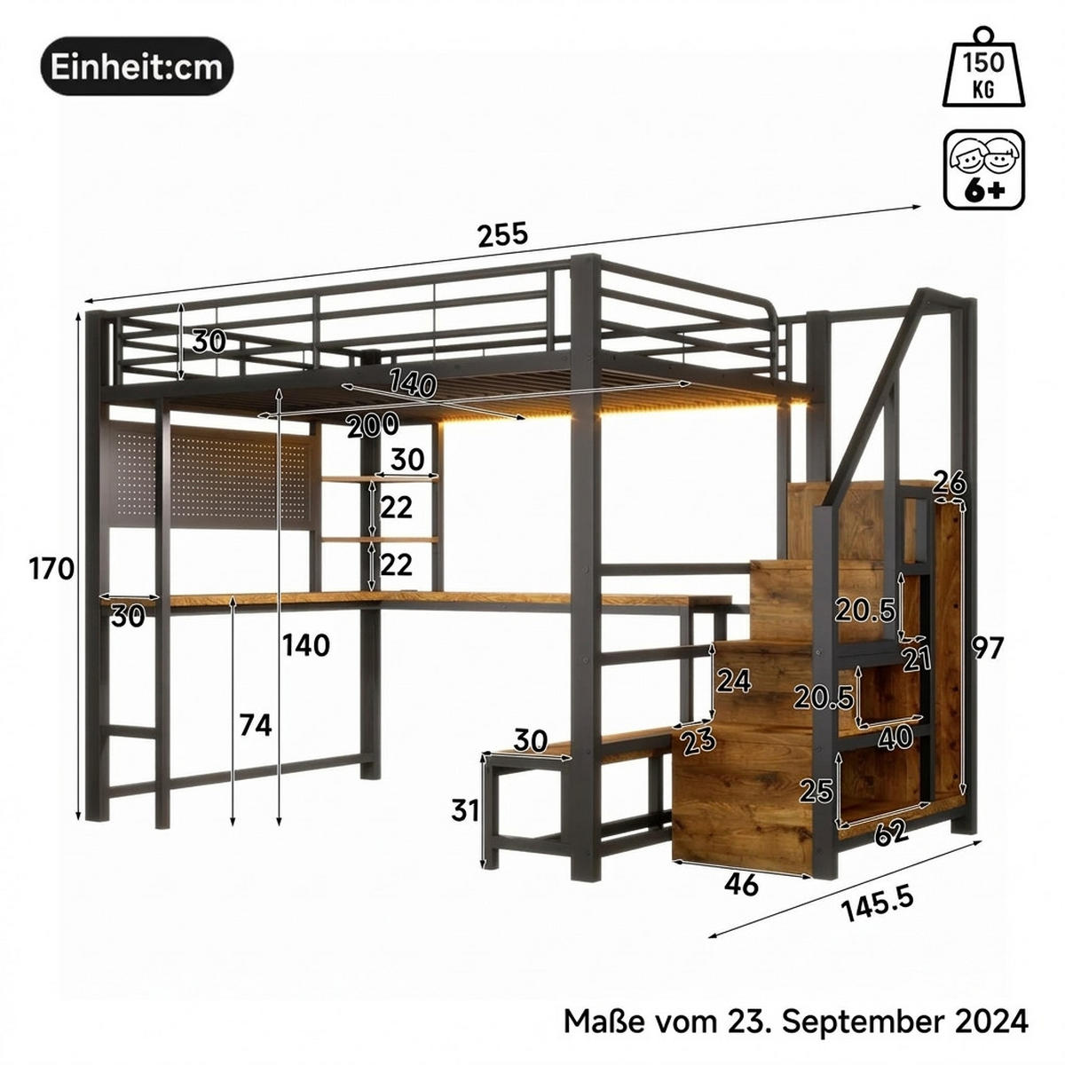 HOCHBETT 140/200 cm Schwarz mit Schreibtisch, trapezförmiger Schrank und LED-Beleuchtung - Schwarz, Metall (140/200cm) - Oxeza
