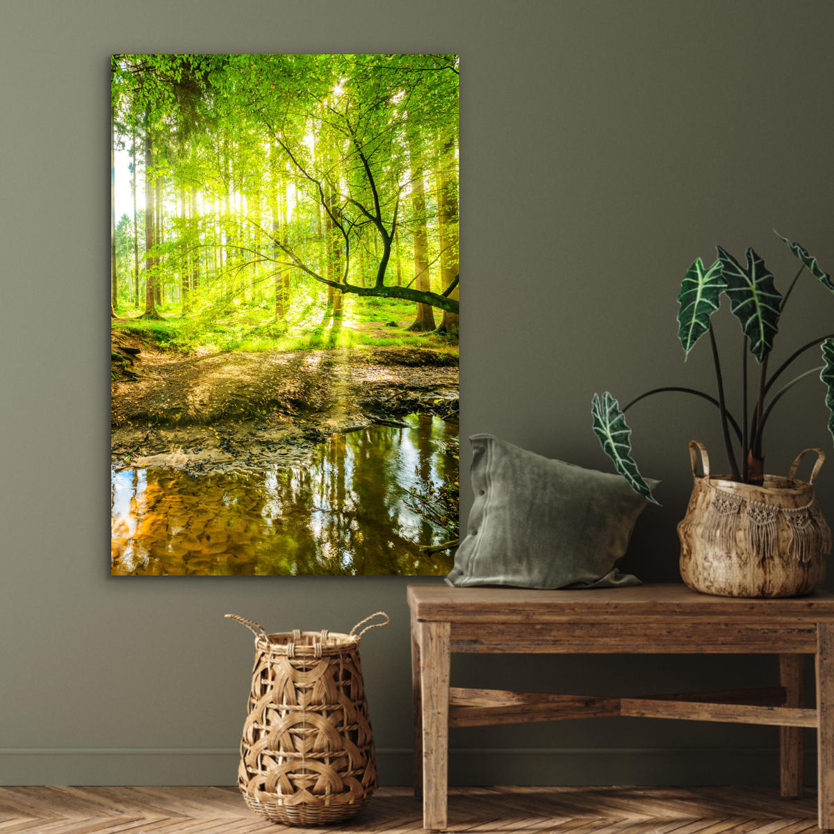 METALLBILD Wald - Landschaft - Wasser - Bäume - Sonne - Grün - Natur 60x90 cm - Grün, Metall (60/90cm) - MuchoWow