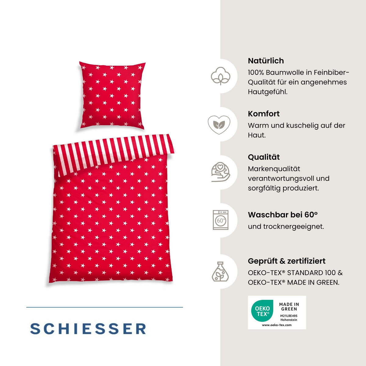 BETTWÄSCHESET Sterne Feinbiber 2-teilig 135x200 cm Rot - Rot, Textil (135/200cm) - SCHIESSER