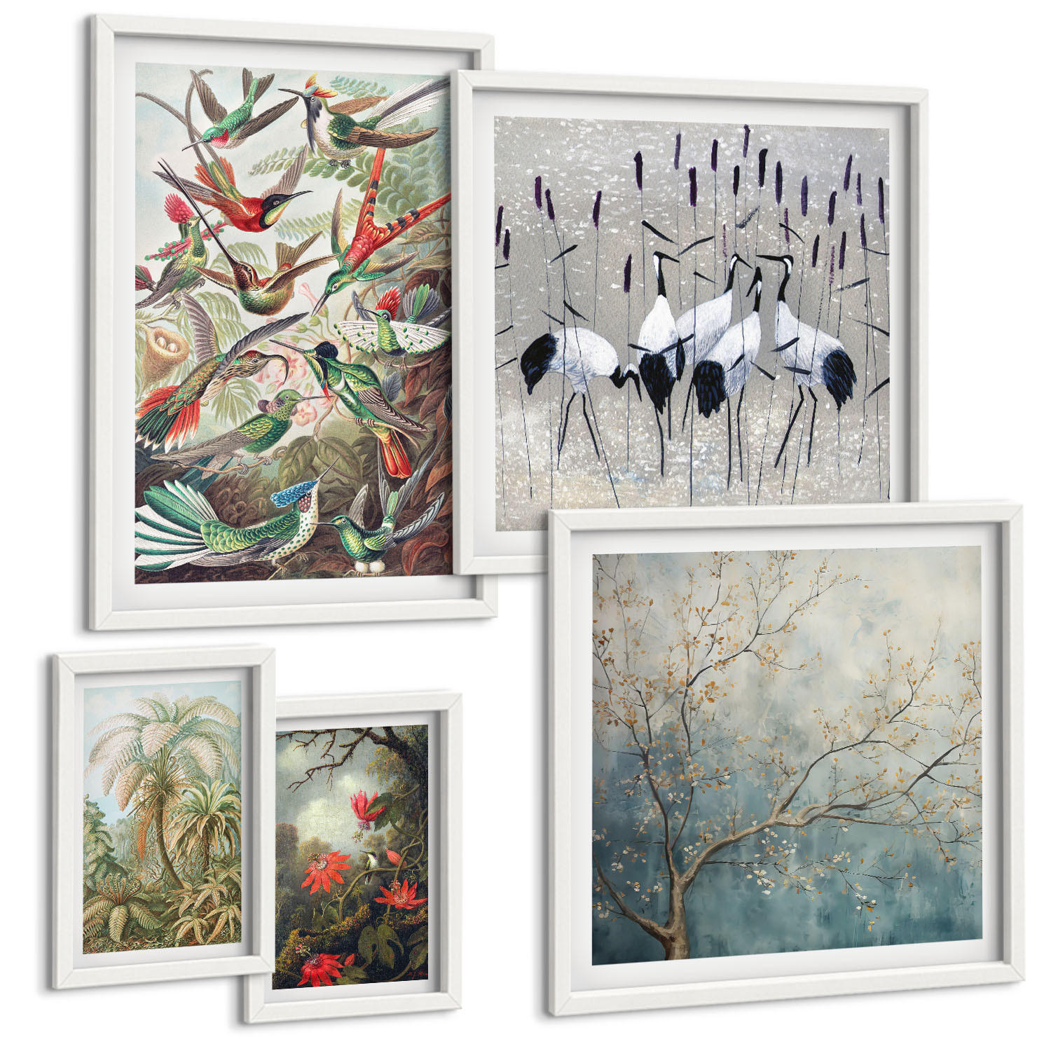 BILDER SET 5er Set - 50x50 cm & 20x30 cm & 40x60 cm Weißer Rahmen - Pastellfarbene Berglandschaft mit rosa Flamingos - Weiß, Kunststoff (40/60cm) - TULUP