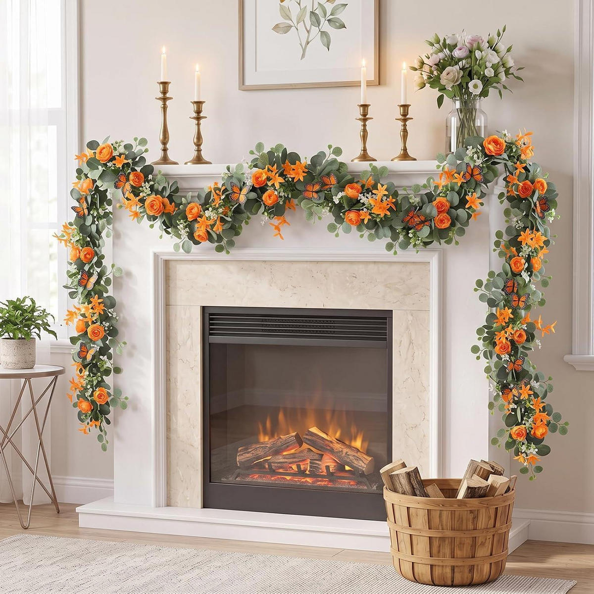 KÜNSTLICHE Blumengirlande 2er Set 200 cm mit Schmetterlingen und Blumen Orange - Multicolor, Kunststoff (200cm)