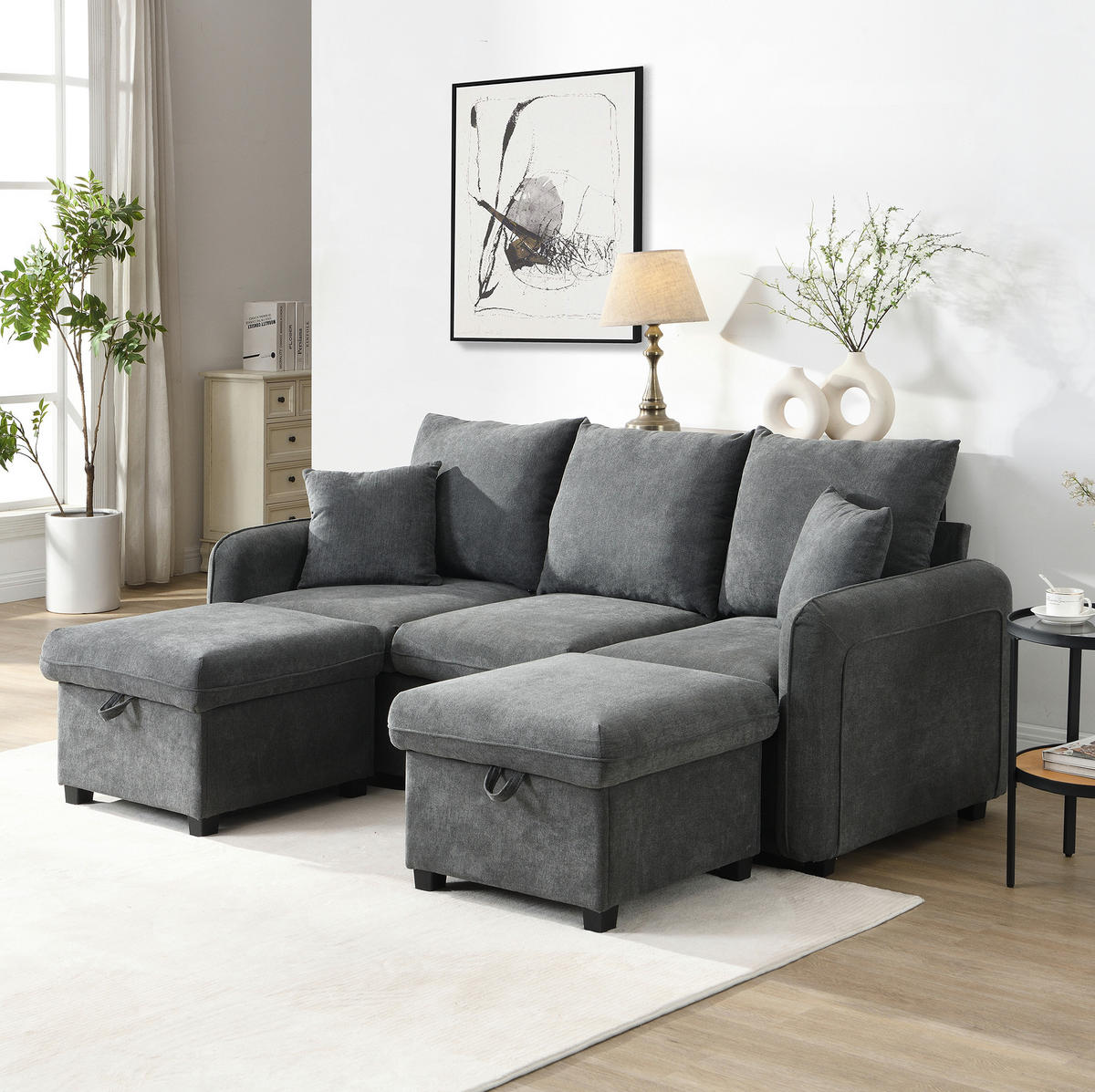ECKSOFA U-Form Chenille mit Schlaffunktion und Stauraum 3-Sitzer und 2 Hocker 188/186/86 cm Dunkelgrau - Dunkelgrau, Kunststoff/Textil (186/188cm) - Redom