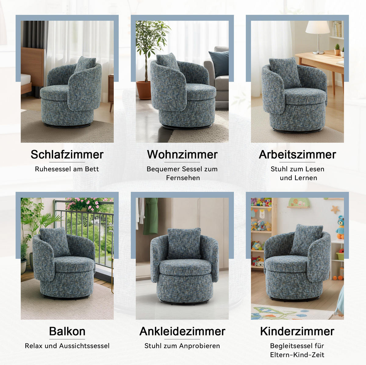 DREHSESSEL 72/66,5/76 cm aus Chenille mit 360°-Drehfunktion und Stauraum - Blau, Textil (66.5/76/72cm) - BEAOK