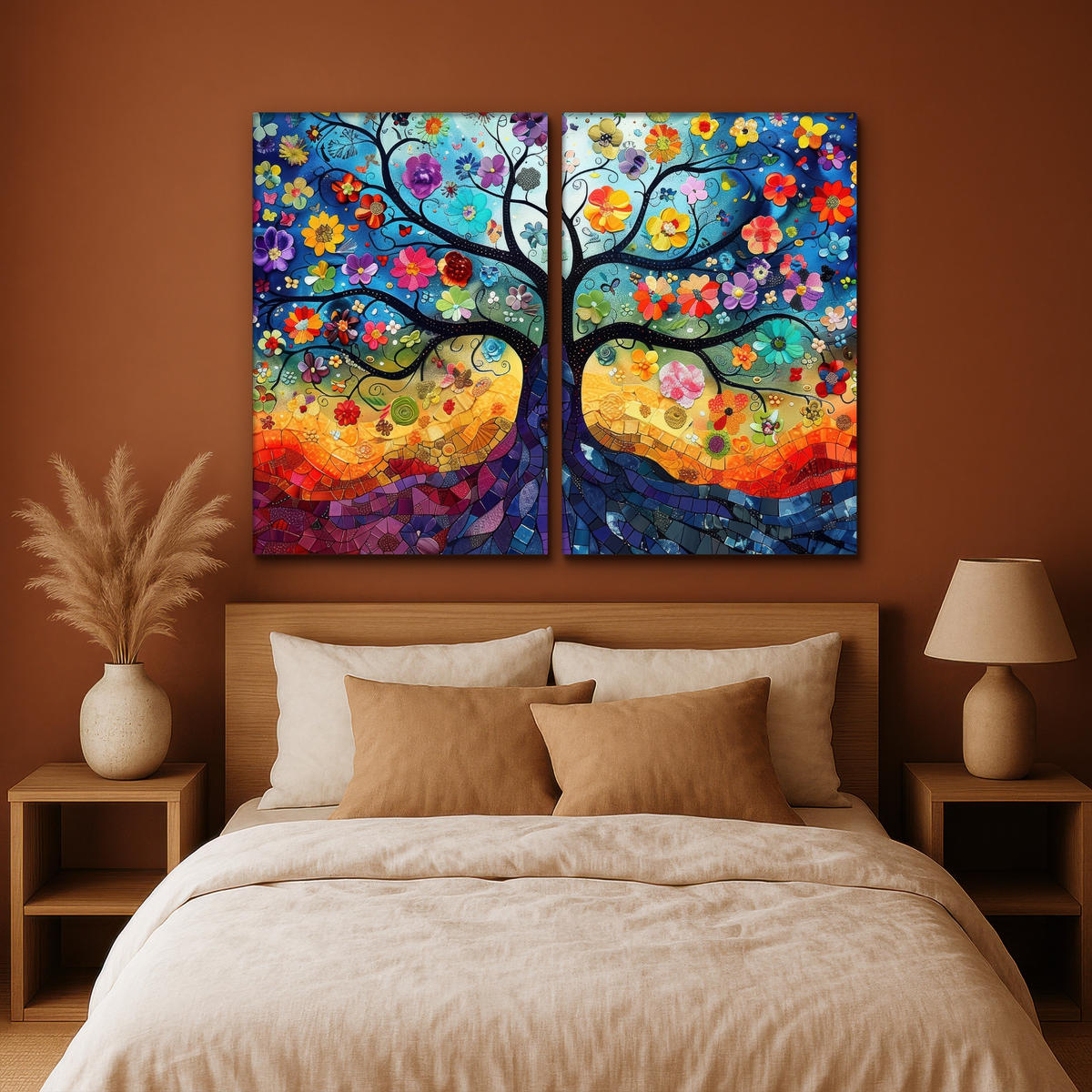LEINWANDBILD 2er Set Bunt - Baum des Lebens - Blumen - Abstrakt 160x120 cm - Blau, Textil (160/120cm) - MuchoWow