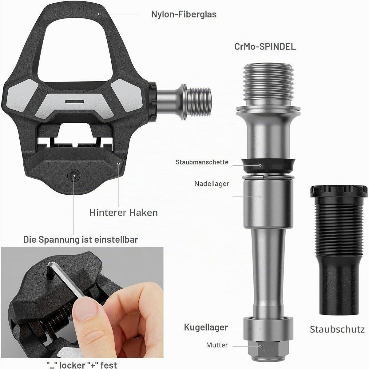 KLICKPEDALE für Rennrad Set mit verstellbarer Spannung und breiter Plattform - Schwarz, Kunststoff (8.7/1.5/10.3cm)