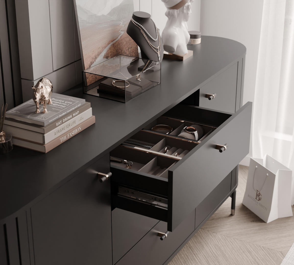 KOMMODE geriffelt, mit drei Schubladen, Schwarz - Schwarz, Holzwerkstoff (190/81/40cm) - Idohome