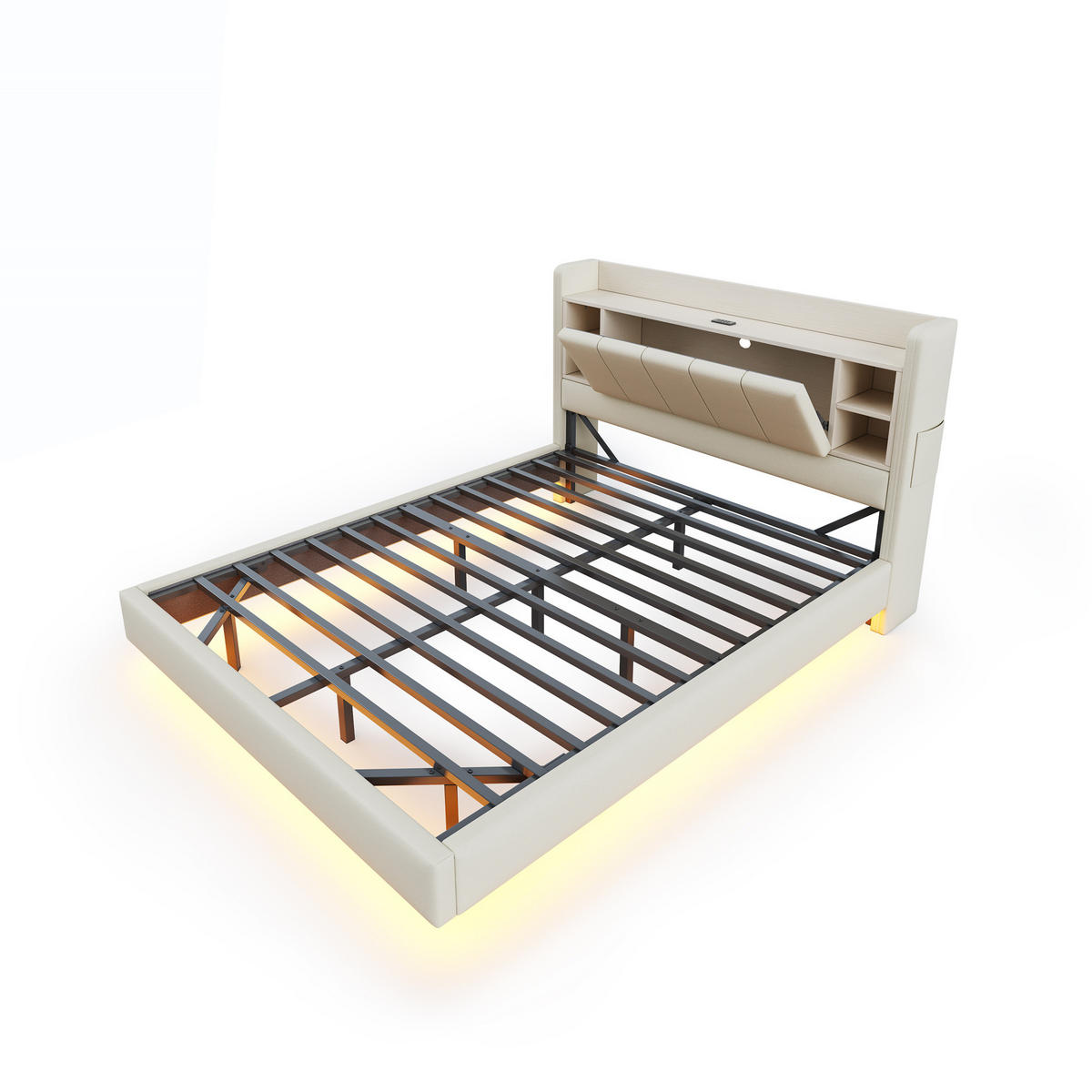 POLSTERBETT 140/200 cm Beige aus Leinenstoff mit LED-Lichtleiste und USB-Anschluss - Beige, Textil (140/200cm) - OKMYHOME
