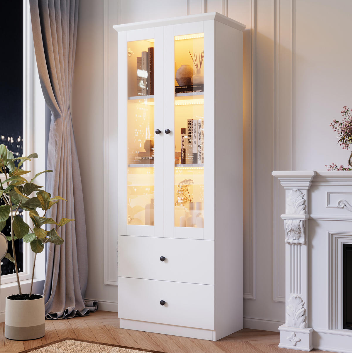 VITRINE 60/35,5/165 cm aus MDF und Holzwerkstoff mit LED-Beleuchtung und 2 Schubladen Weiß - Weiß, Holzwerkstoff (60/165/35.5cm) - Modenvie