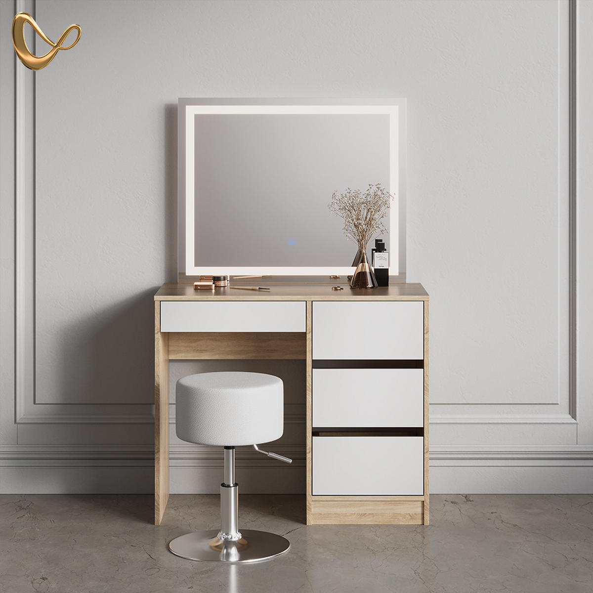 SCHMINKTISCH Imola Sonoma mit LED-Spiegel und Hocker - Weiß/Sonoma Eiche, Holzwerkstoff (90/75/40cm) - Livinity®