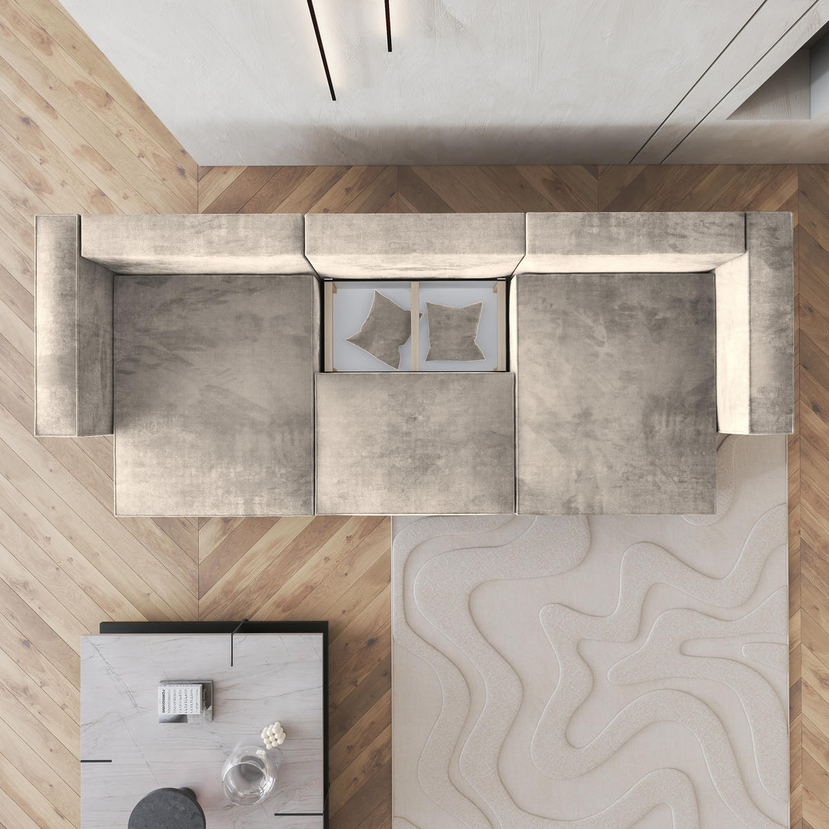 WOHNLANDSCHAFT SARMO M Creme Velours-Stoff mit Schlaffunktion - Creme, Holz (347/70/148cm) - MASSENO