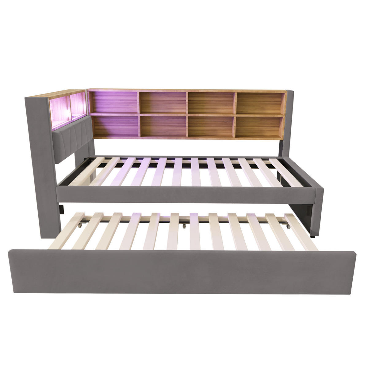 BETT 90/200 cm mit Ausziehbett, LED und Stauraum in Dunkelgrau - Dunkelgrau, Textil (90/190cm) - BEAOK