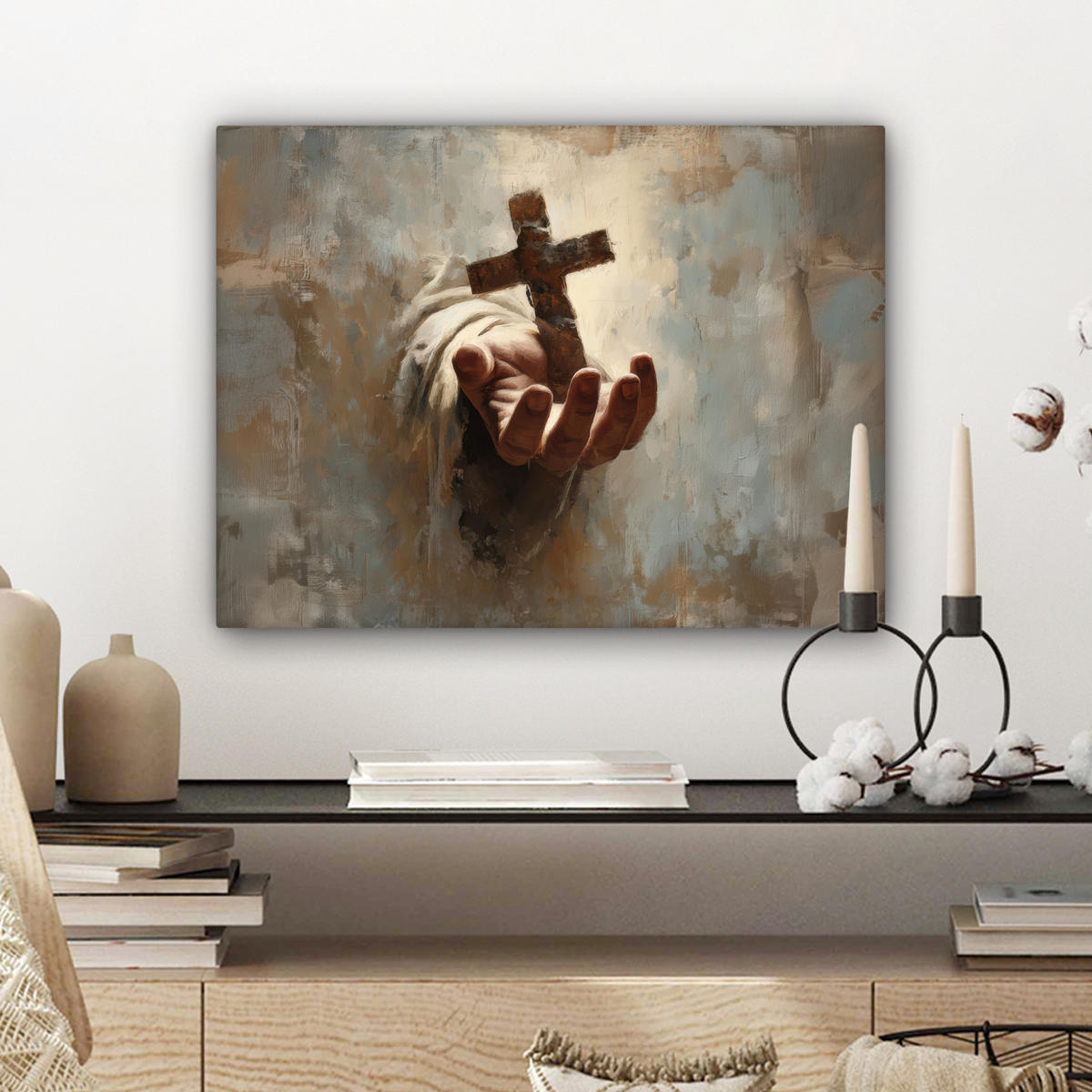 LEINWANDBILD Abstrakt - Kreuz - Hand - Christentum Wandbild 40x30 cm - Hellbraun, Textil (40/30cm) - MuchoWow