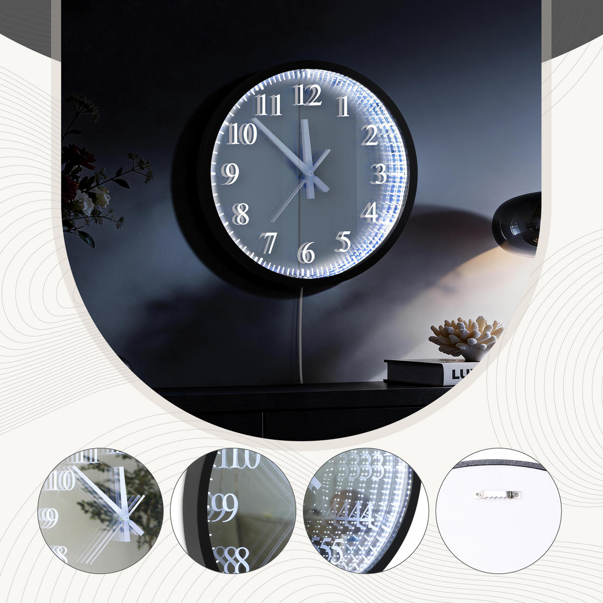 40X40CM Runder LED-Spiegel mit Uhrfunktion - Schwarz, Glas (40/40/3.5cm) - Hometopia