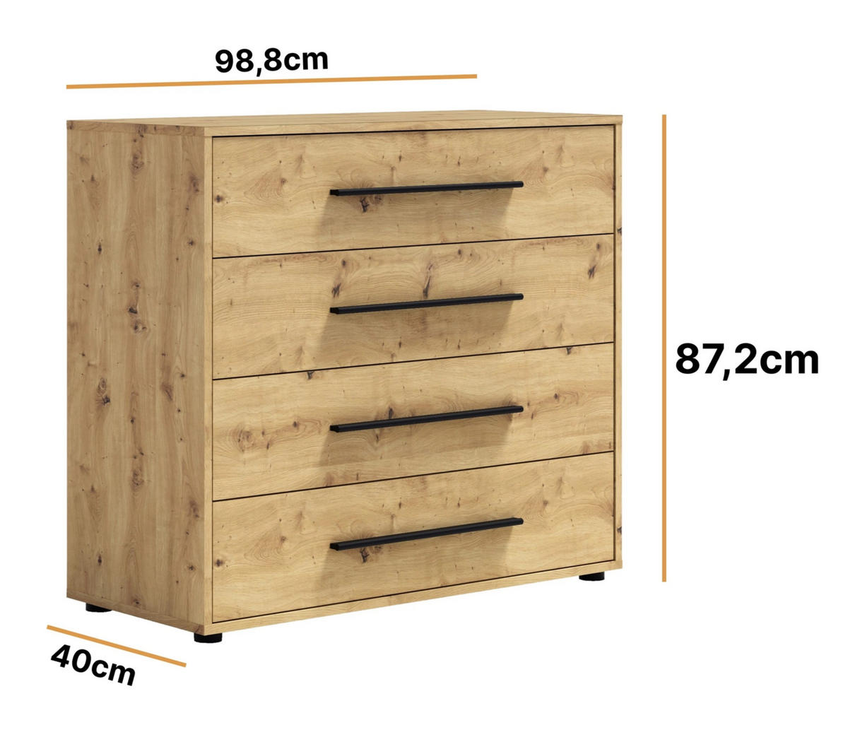 KOMMODE Modena 100 cm in Eiche Artisan mit Schubladen - Schwarz/Eiche Artisan, Holzwerkstoff/Kunststoff (100/87/40cm) - Ravio