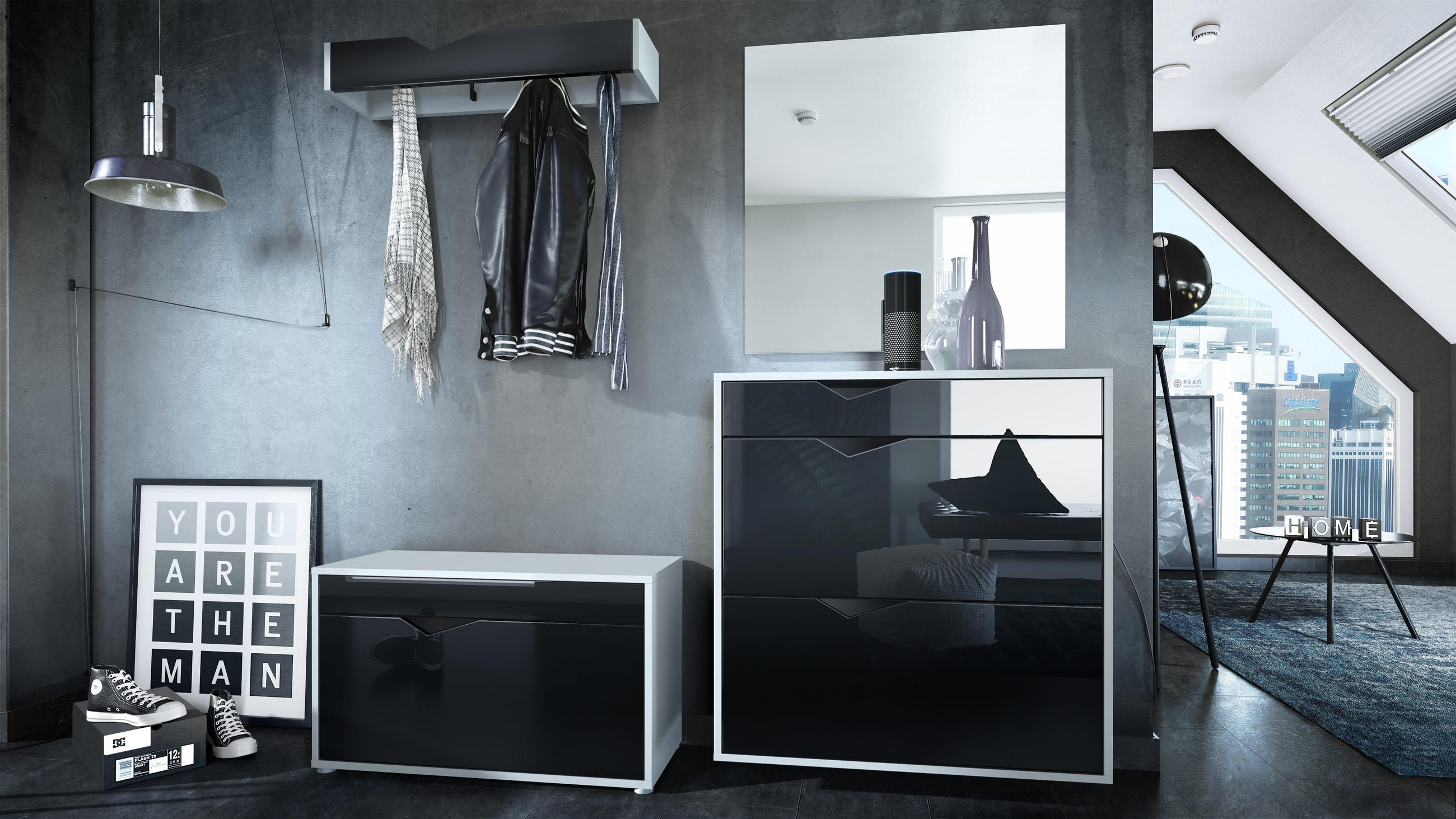 GARDEROBE Kolmio Fronten in Schwarz Hochglanz - Schwarz Hochglanz, Holzwerkstoff (190/185/33cm) - Vladon