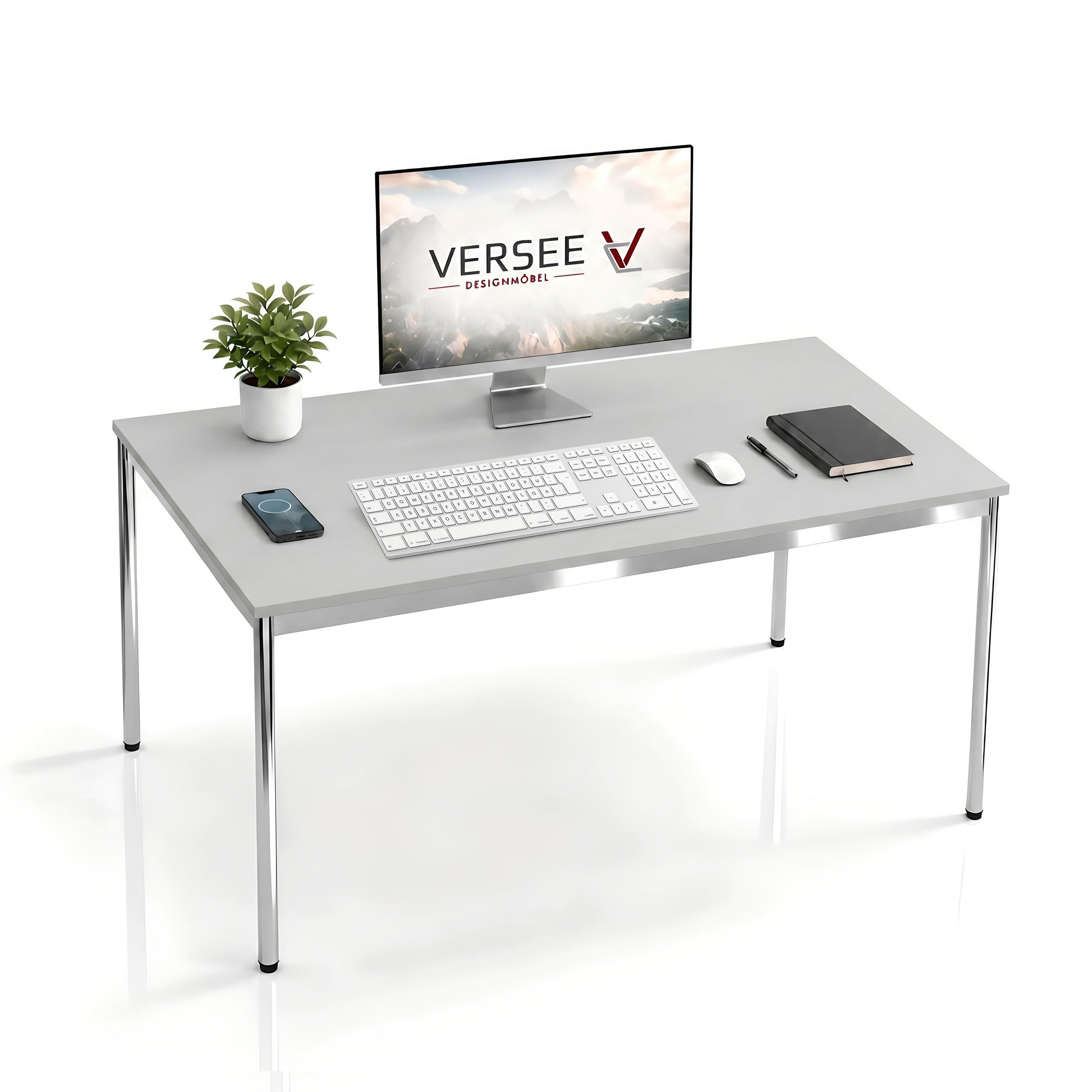 SCHREIBTISCH VST1 140 x 60 cm Lichtgrau – höhenverstellbar - Chromfarben/Grau, Holzwerkstoff (140/60/75.5cm) - Versee