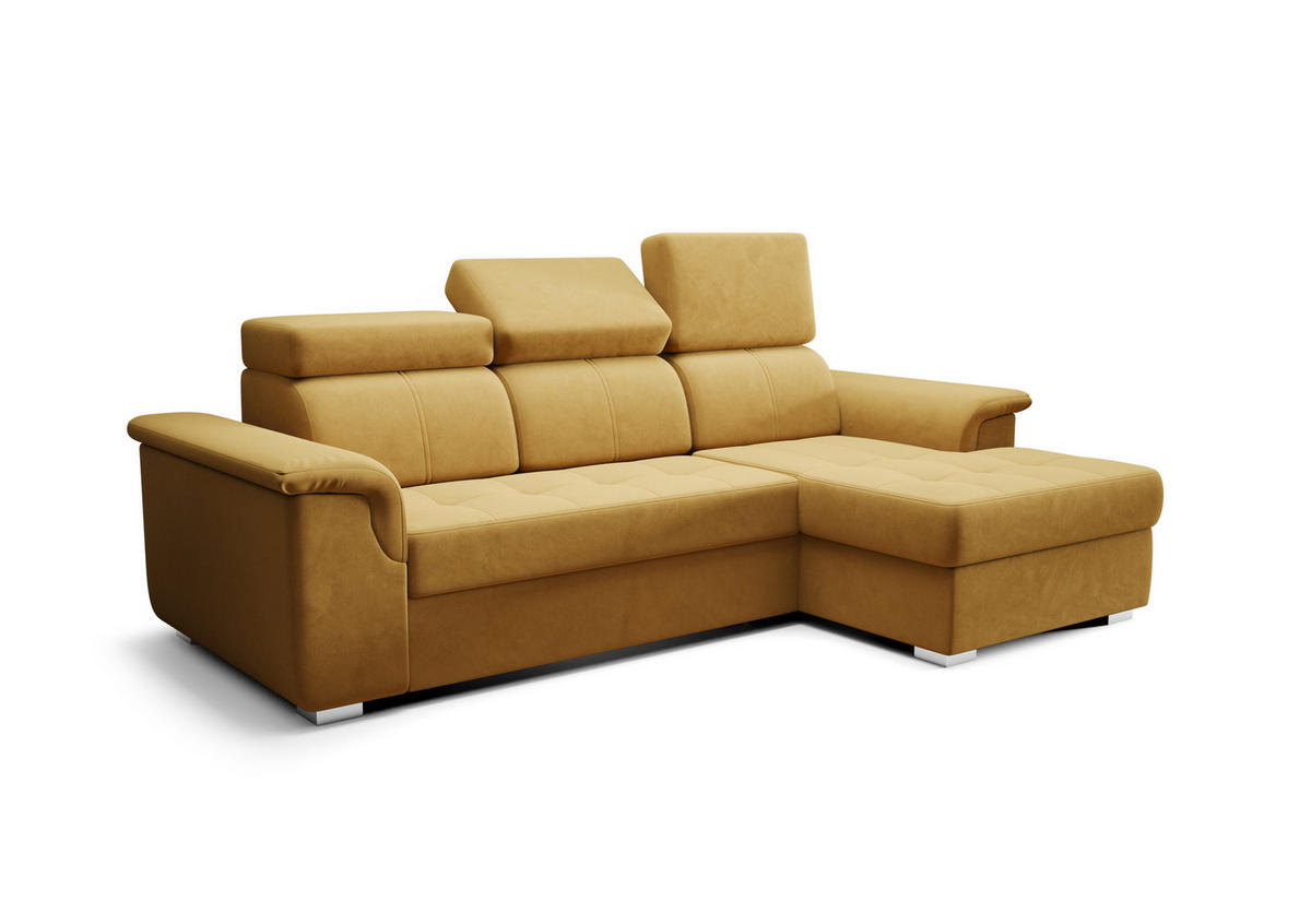 ECKSOFA KONGO RBN06, Eckcouch in L-Form mit Schlaffunktion, Farbe: Gelb, Velourstoff, Ottomane Rechts - Gelb, Textil (247/165cm) - O-Sofa