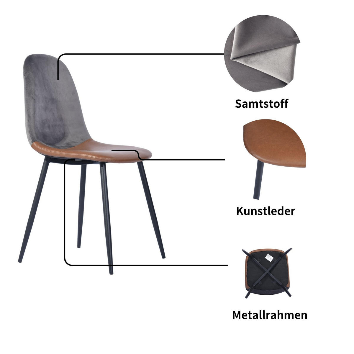 STUHL-SET 2 Stück in Eisen Kunstleder und Samt - Graubraun/Schwarz, Holzwerkstoff/Textil (44/88/53cm) - Urban Meuble