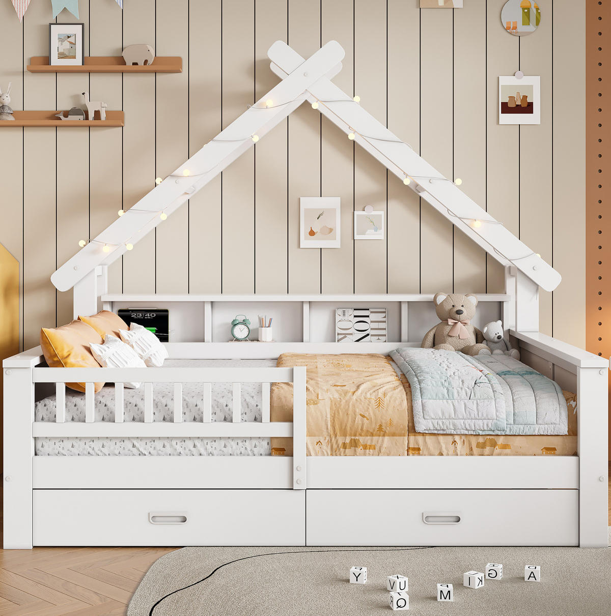 HAUSBETT 140/200 cm Weiß mit LED und Stauraum - Weiß, Holz (140/200cm) - MIVRAY