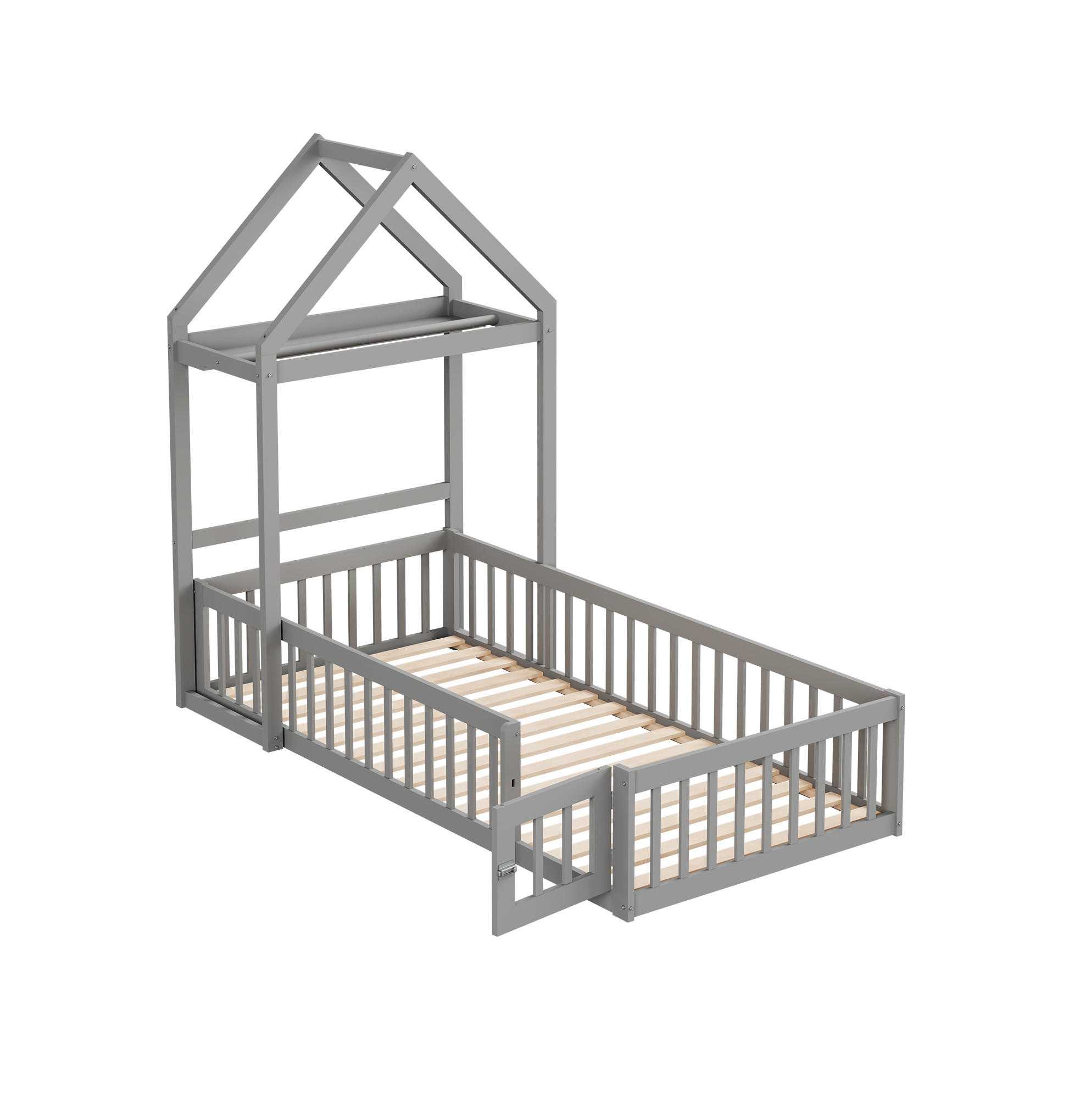 HAUSBETT aus 90x200 cm Grau mit Dach, Stauraum, Tür und Lattenrost - Grau, Holzwerkstoff (90/200cm) - Modfu