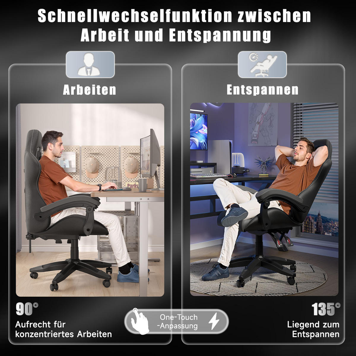 GAMINGSTUHL Schwarz-Grau ergonomisch - Grau, Leder (29/59/79cm) - Rattrix