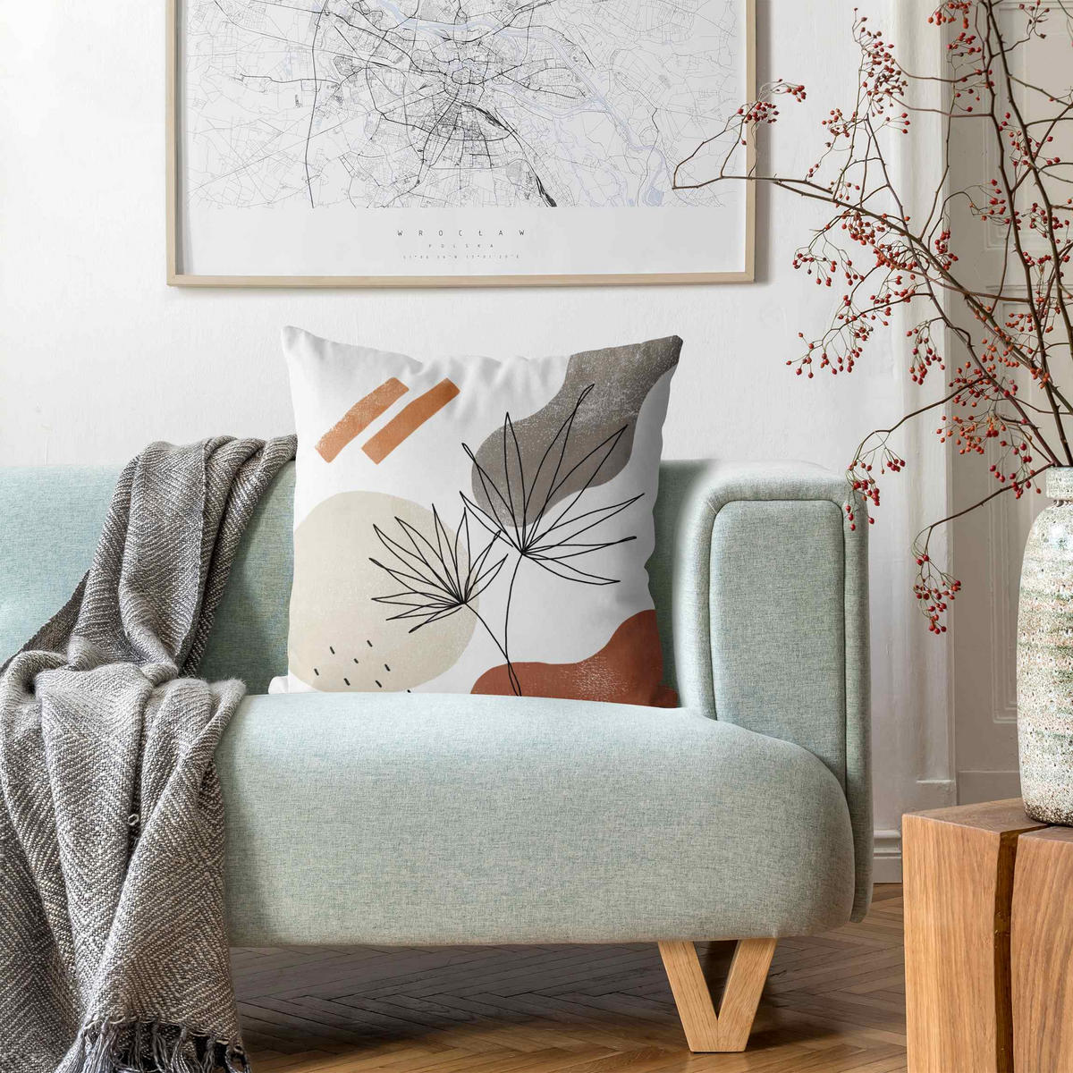 KISSENBEZUG Fächerpalme Lineart und Terracotta Farben 50/50 cm - Grau, Textil (50/50cm) - Bilderwelten